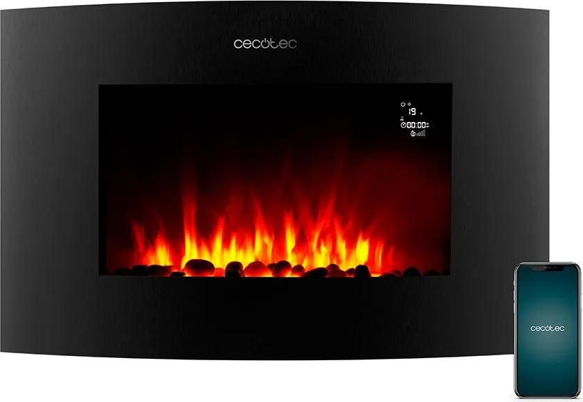 Elektrický dekoratívny krb Cecotec 35" s diaľkovým ovládaním a pripojeným zakriveným plameňom Wifi ReadyWarm 3560. Maximálny výkon 2000 W, 2 intenzity, zakrivená doska de tvrdeného skla, nastaviteľný plameň, časovač.