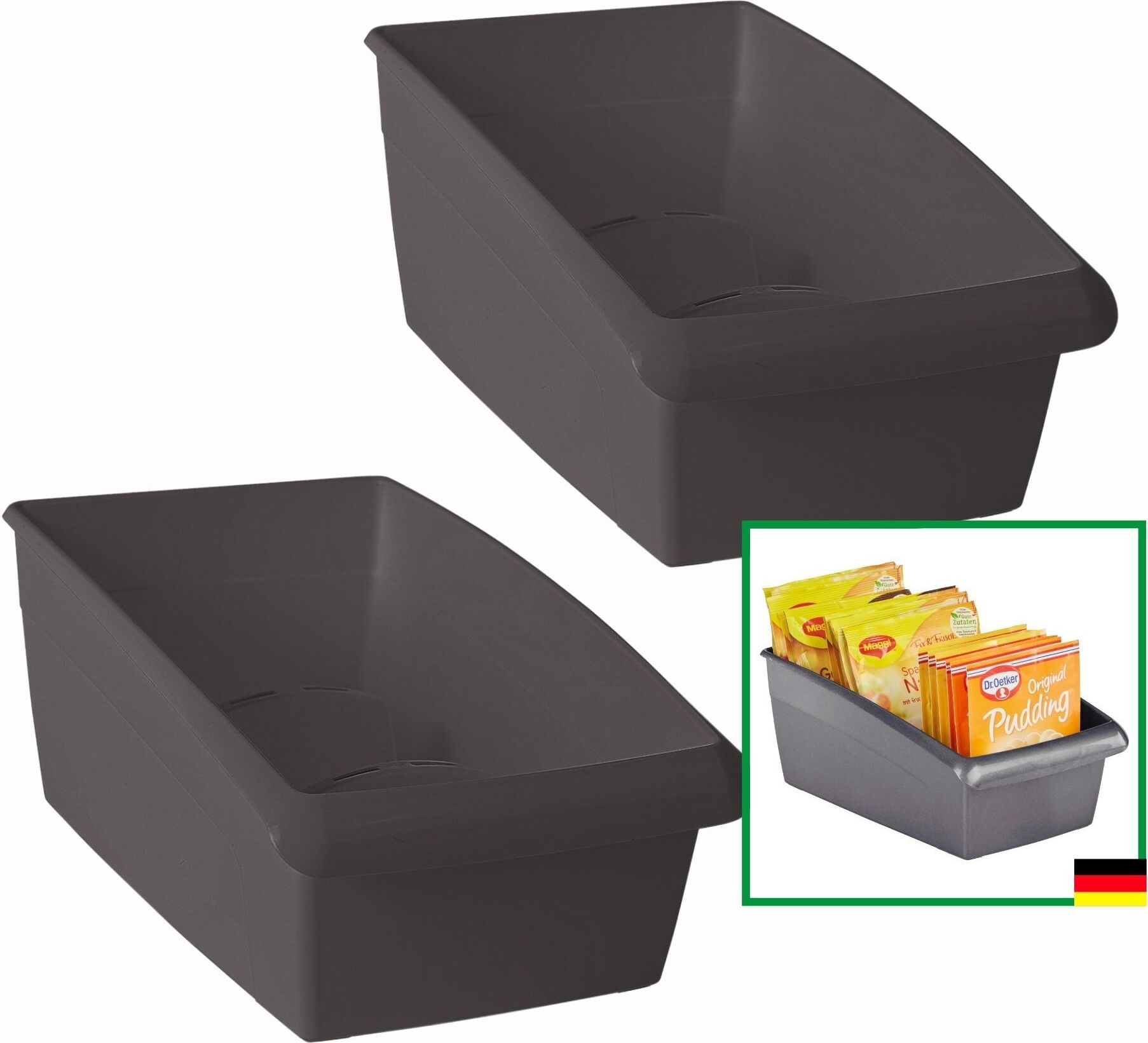 AMP GmbH Novaliv Suppentütenbox groß 2er Set Schubladen Organizer Küche - 25 x 16 cm ANTHRAZIT GRAU Gewürzaufbewahrung Box - Ordnungssystem für Schubladen - Aufbewahrung von Dressing & Backzutaten