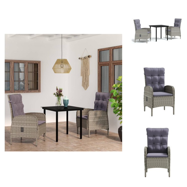 vidaXL 3-dielny záhradný jedálenský set s vankúšmi sivý a čierny - Záhradné nábytkové zostavy