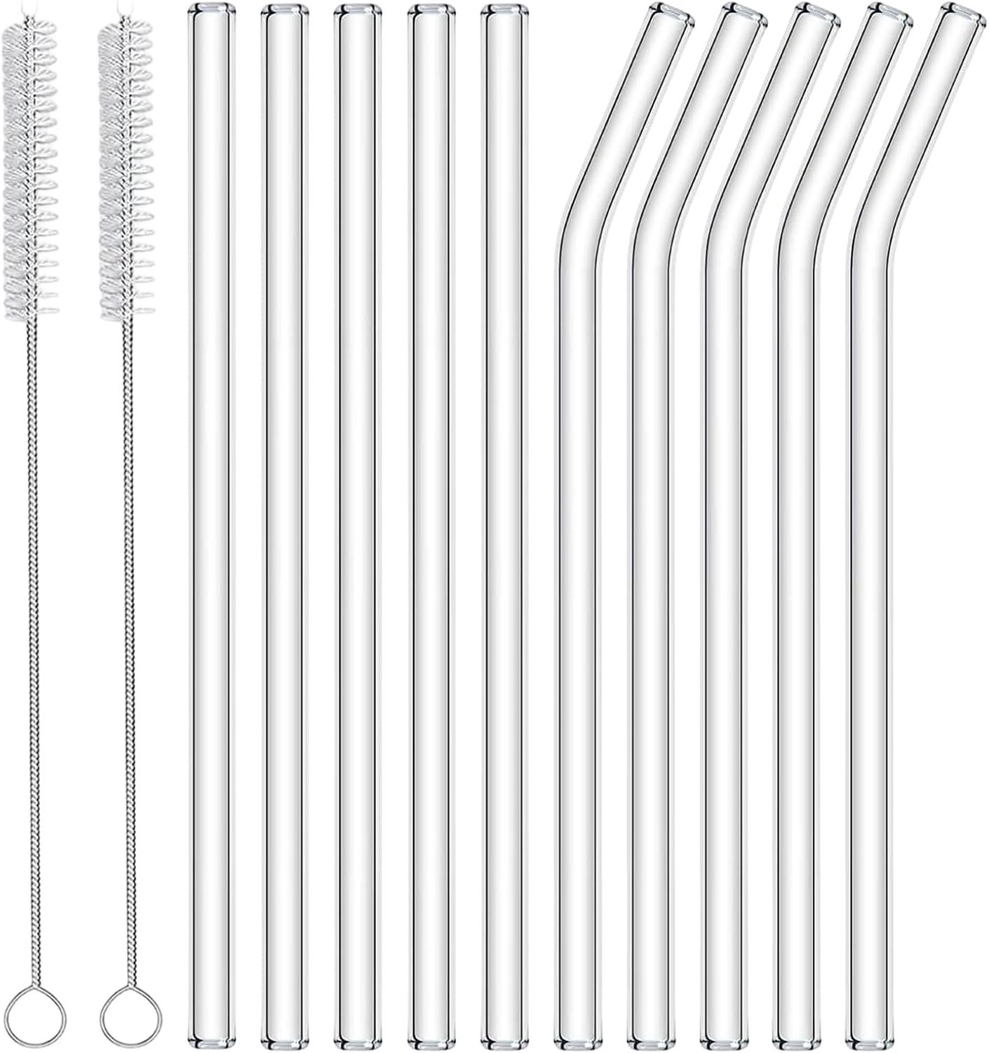 oCreon Wiederverwendbare Trinkhalme – Set mit 12 – 5 gerade und 5 gebogene Glasstrohhalme – 18 cm – 2 Reinigungsbürsten – Wiederverwendbarer Strohhalm