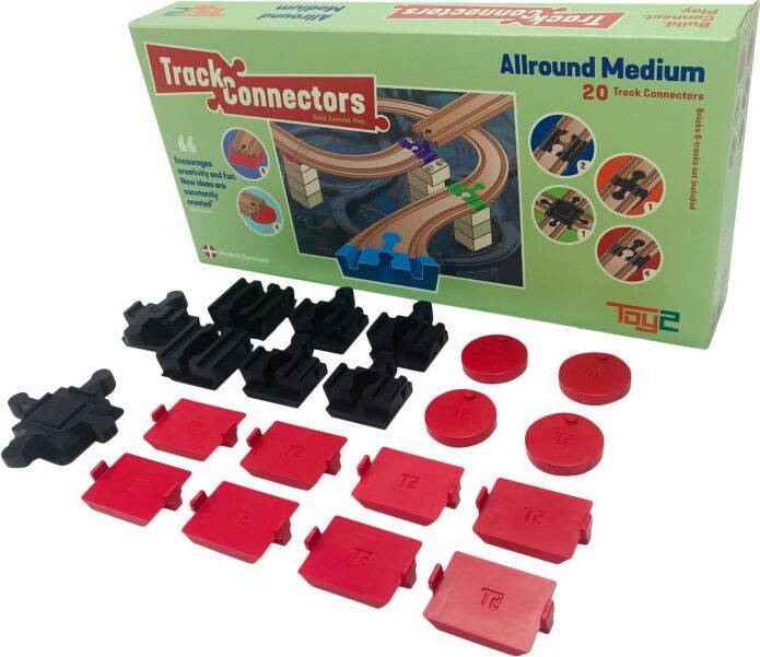 TOY2 Allround Medium Set Kompatibel BRIO Eisenbahn&Lego Duplo Bausteine-Bauset 6 Verschiedene Track Connectors-Nachhaltige Holzeisenbahn Holzschienen Verbinder,Allround Set 20 Schienenverbindern 21024