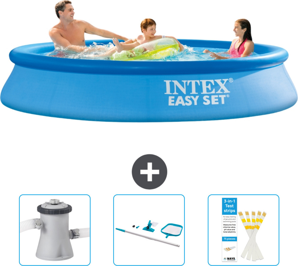 Okrúhly nafukovací bazén Intex Easy Set - 305 x 61 cm - modrý - dodávaný s filtračným čerpadlom pre bazén - čistiaca súprava - testovacie prúžky