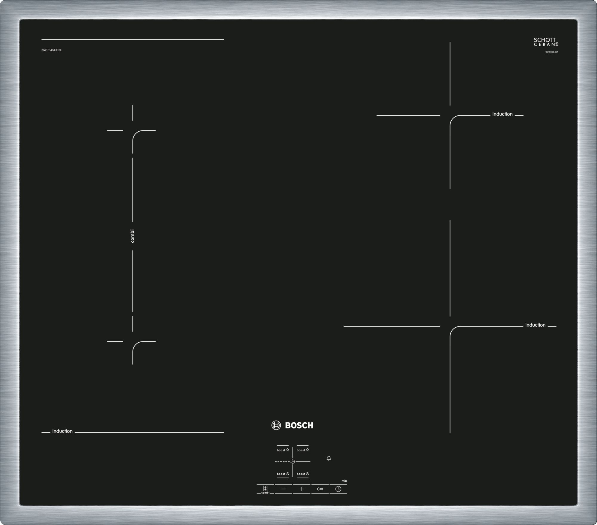 Bosch NWP645CB2E, Čierna, Nerezová oceľ, Vstavaný, Indukčná varná doska so zónami, Sklokeramická, 4 zone(s), 4 zone(s)