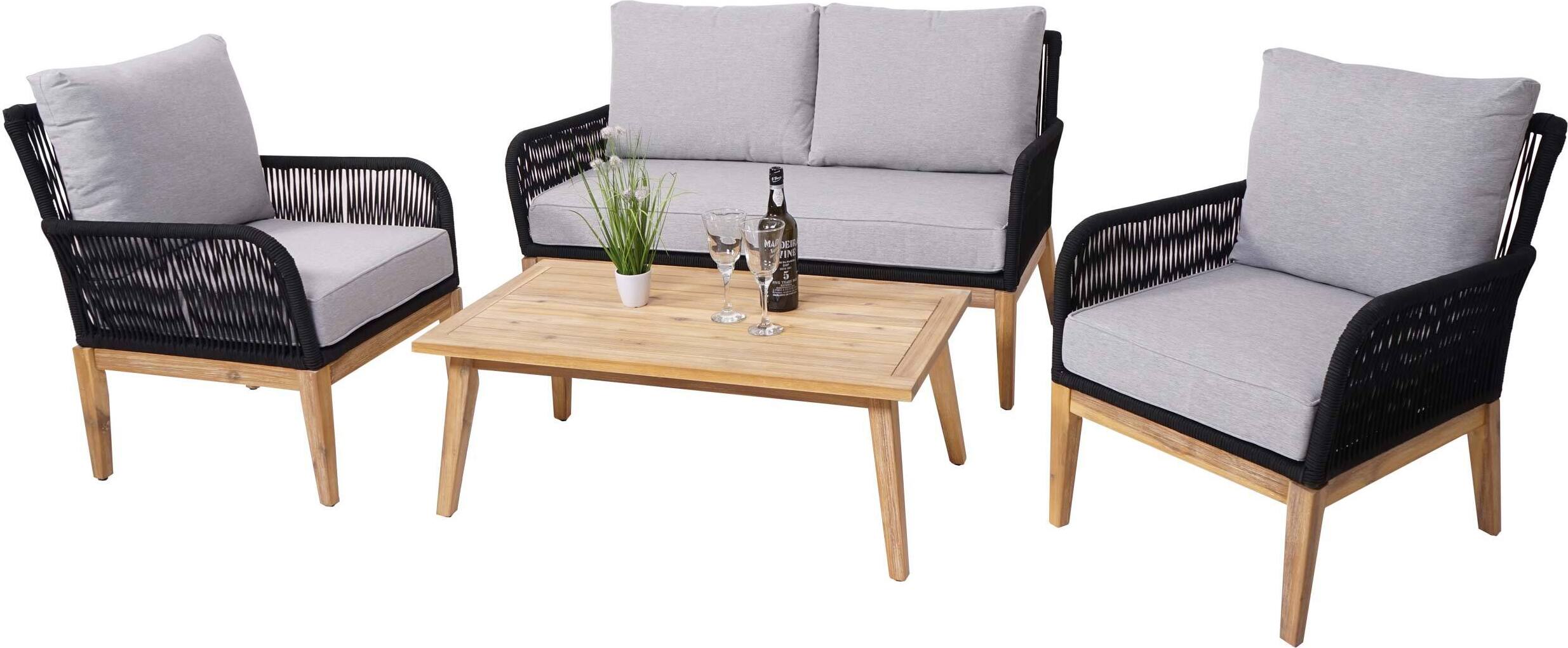 Záhradná súprava HWC-H58, Lounge Set Sedacia súprava, Rope Weave Rope Wood Acacia Spun Poly MVG ~ Vankúše Light Grey