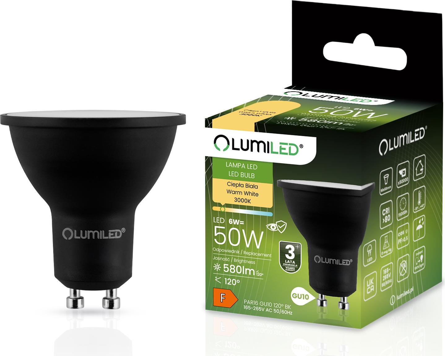 LED Lampen GU10, Glühbirne 6W = 50W 580lm 120° 3000K warm Schwarz LUMILED LEDZARMI013B