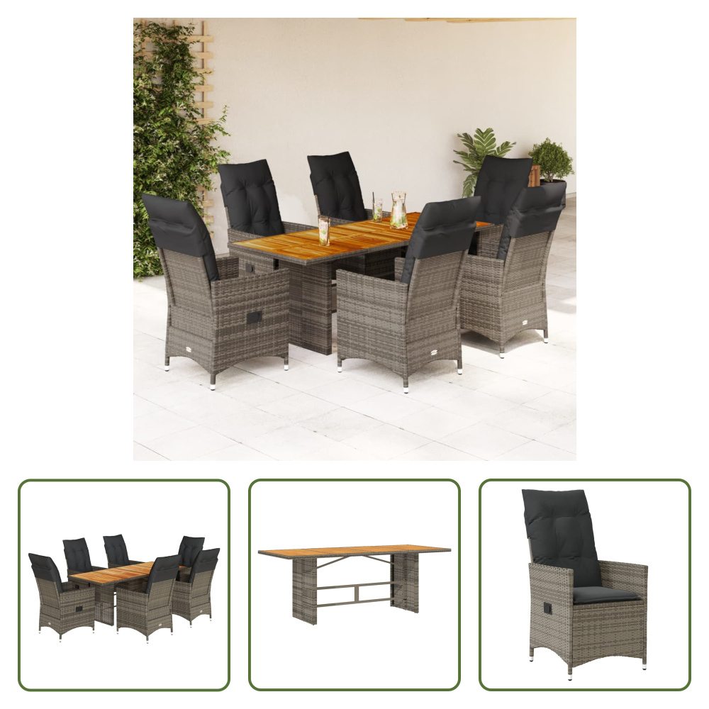 The Living Store 7-dielny záhradný jedálenský set s vankúšmi sivý polyratan