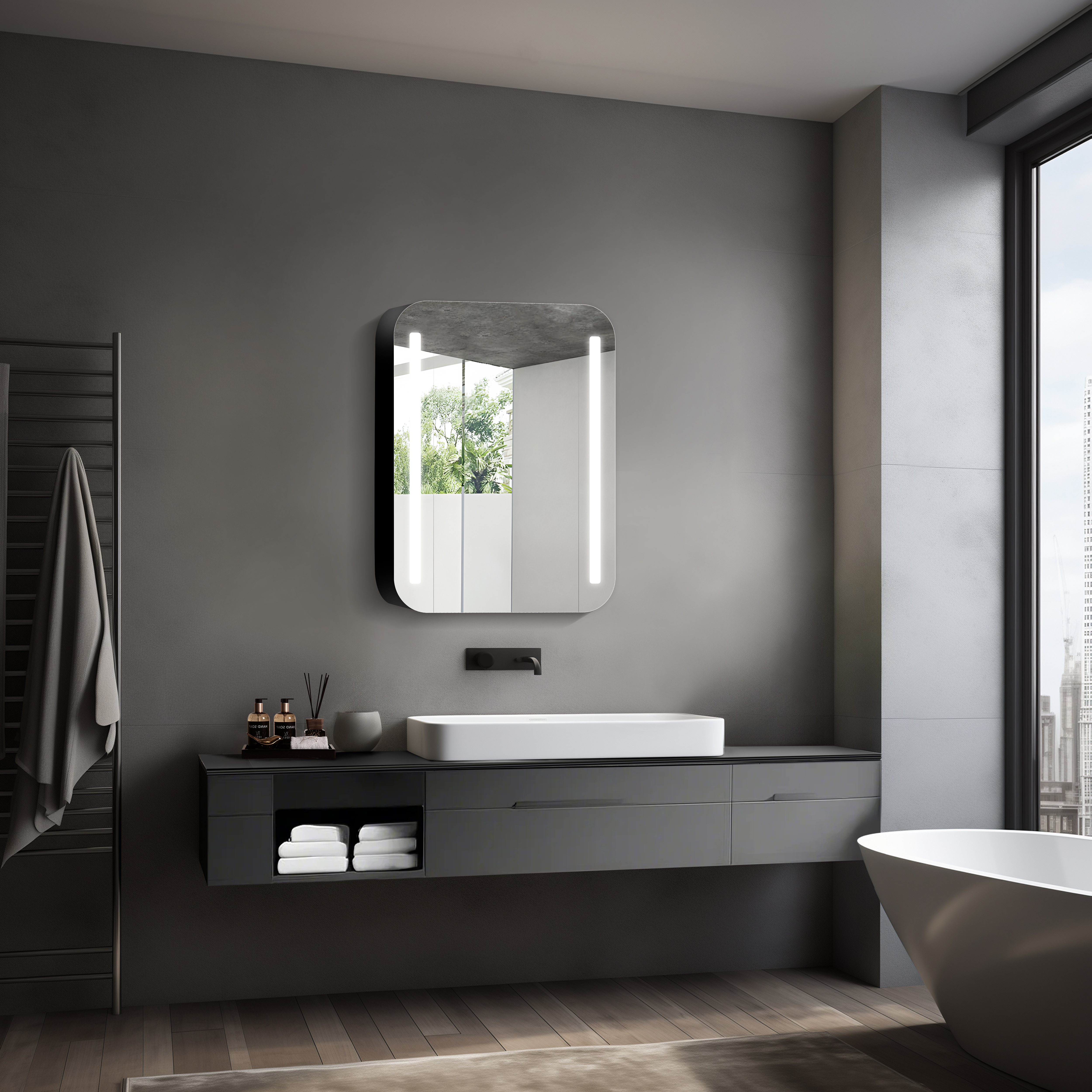 Spiegelschrank mit Beleuchtung Talos Black Linea 60x70cm - Spiegelschrank bad mit 2 Ablageflächen - Aluminium - Rückwand verspiegelt 50134
