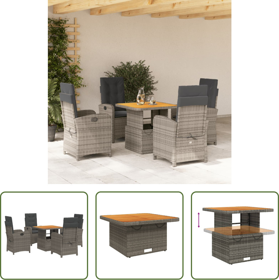 The Living Store 5-dielny záhradný jedálenský set s vankúšmi sivý polyratan