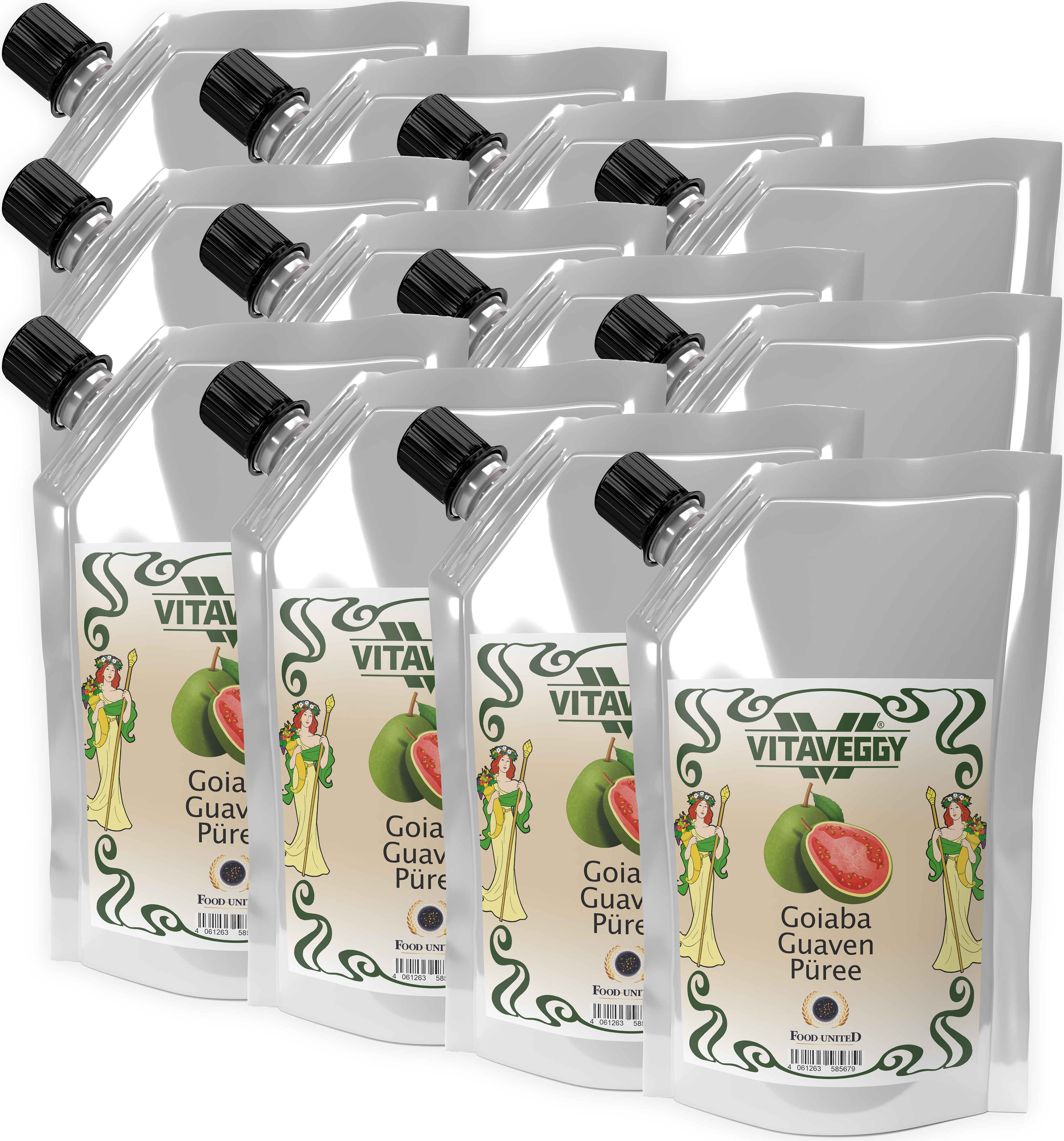 S.Mile GmbH VITAVEGGY Früchte-Püree GUAVE 12x1kg ohne Aroma- Farb- & Konservierungsmittel von Food-United, Guavenpüree für Obstbrei & Obsmus oder als Guavensaft Guaven-Smoothie oder auch für Kuchen Torten Cocktails Sorbets Desserts, GVO-Frei Glutenfrei & 100% n