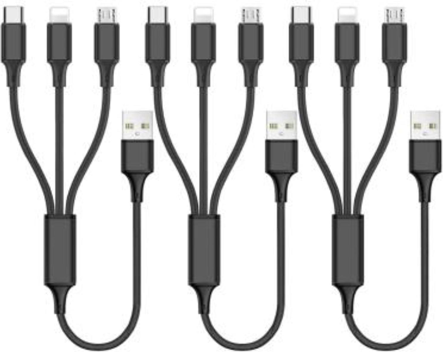 Nabíjací kábel 3 v 1 – odolný univerzálny kábel s konektormi USB-C, Micro a pre iPhone – čierny / balenie po 3 kusoch