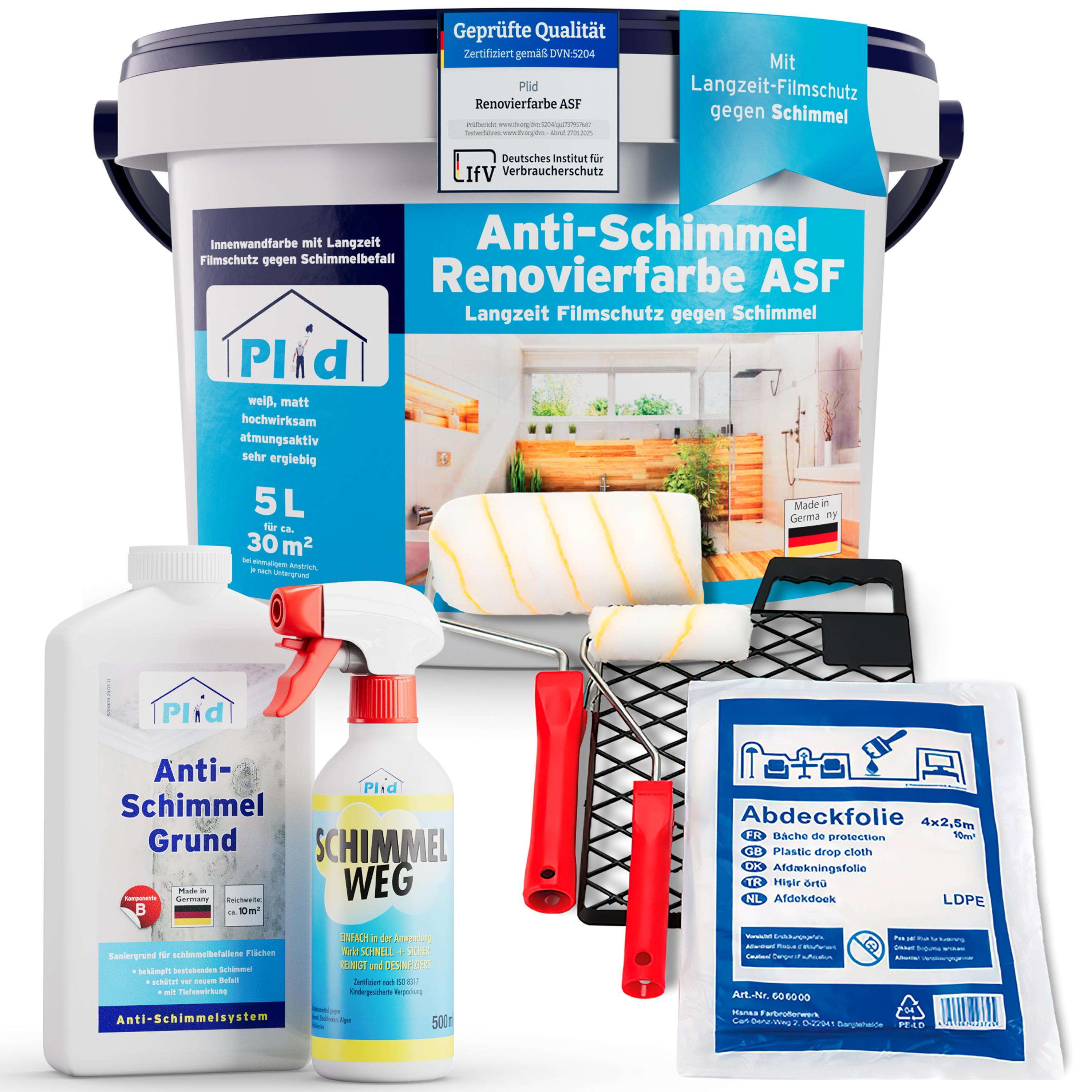 Plid Anti Schimmel Renovierfarbe Weiß 5L + Sanierset für ca. 30m² - [DAUERHAFTER SCHIMMELSCHUTZ] Antischimmelfarbe alle Wände, Feuchträume, Bad, Küche