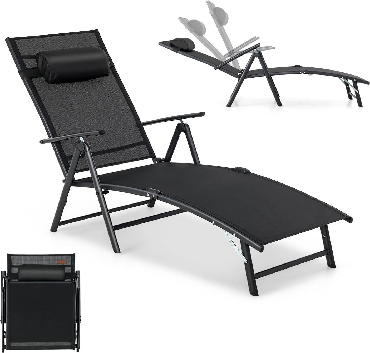 KOMFOTTEU lehátko s opierkou hlavy, skladacie lehátko so 7 nastaviteľnými opierkami, záhradné lehátko do 150 kg, 142 x 61 x 103 cm (čierne)