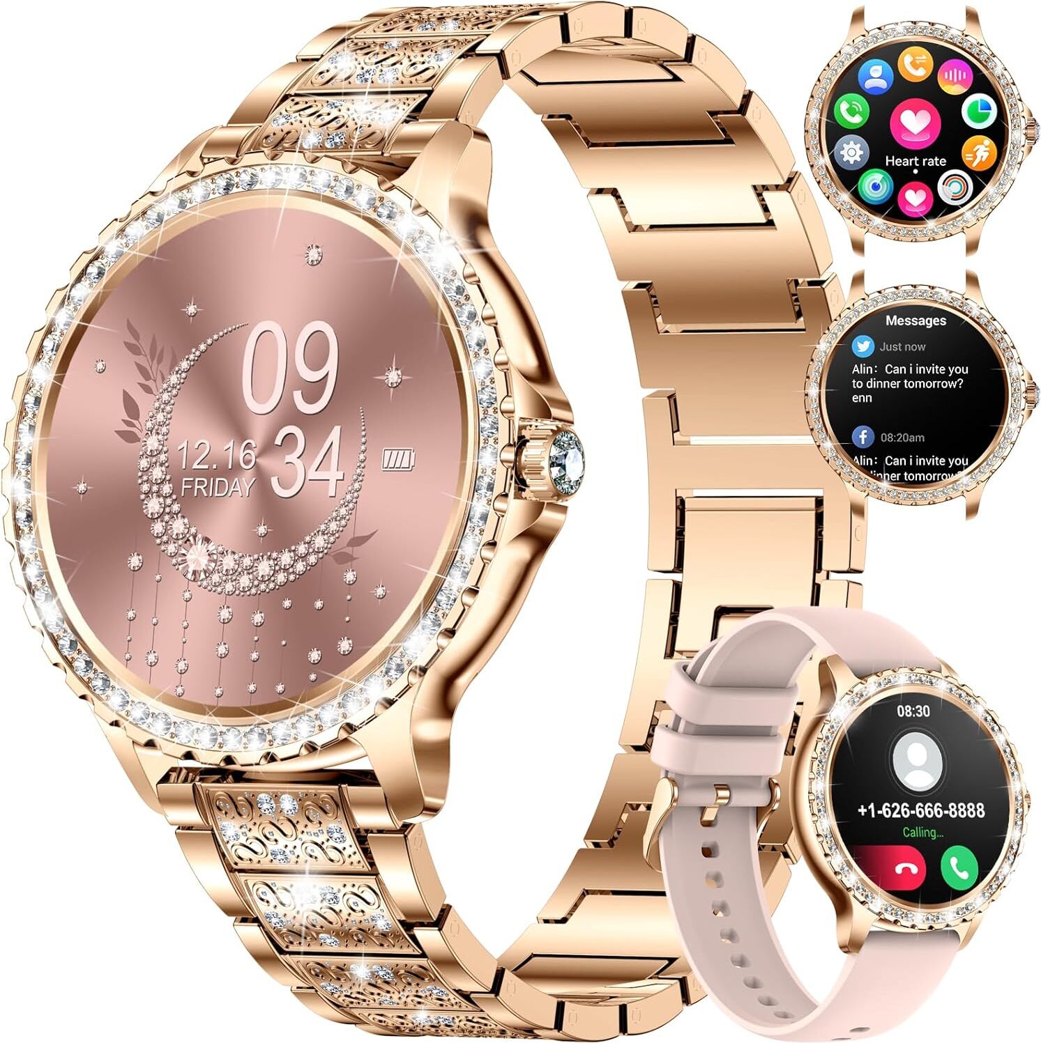 Smartwatch Ladies Premium s funkciou telefónu Krokomer Fitness Tracker pre iOS a Android Vodotesné inteligentné hodinky Okrúhle náramkové hodinky Smart Watch