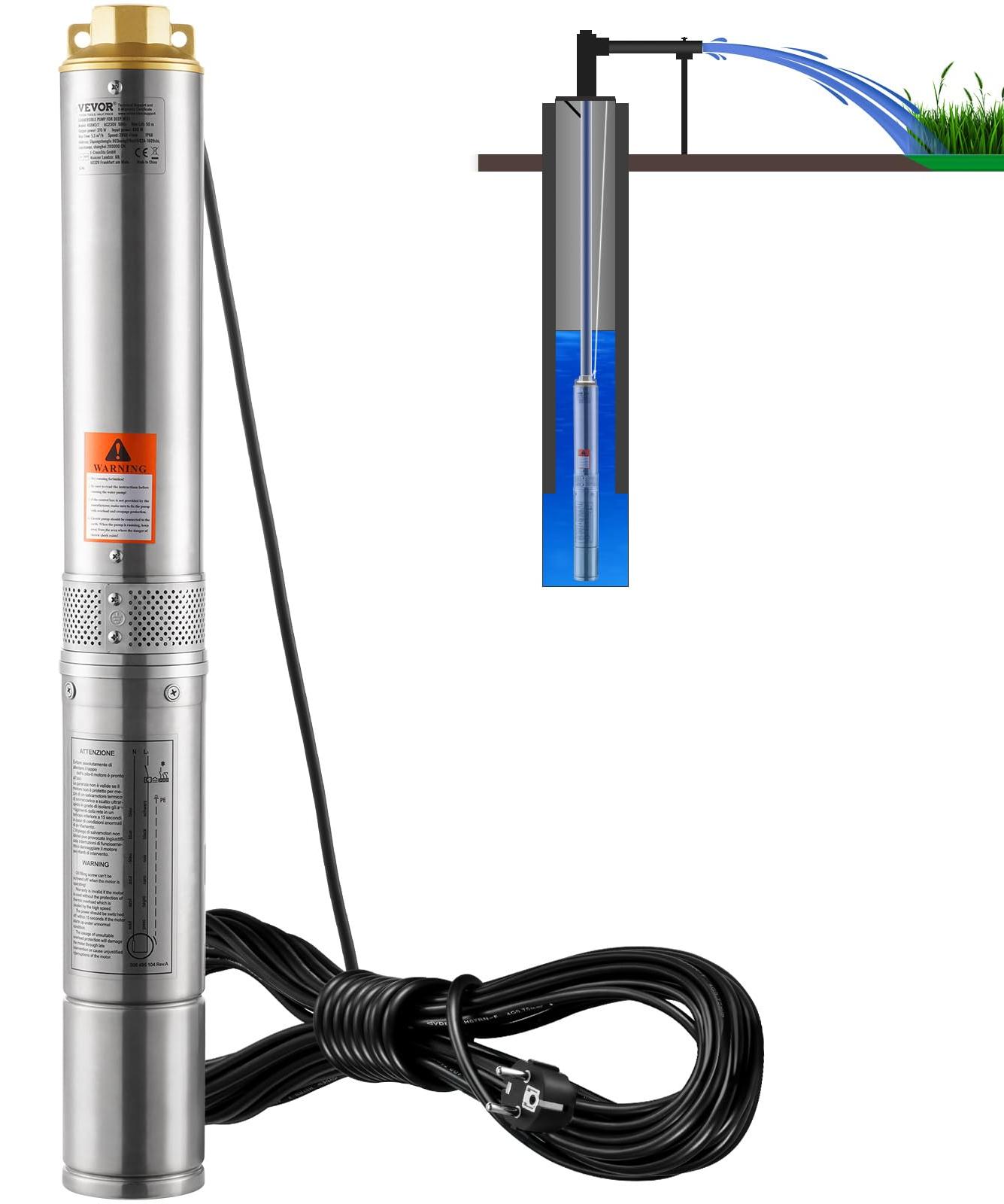 VEVOR ponorné čerpadlo do hlbokých studní, 370 W, 230 V, 50 Hz, max. prietok 5,3 m³/h, max. výtlačná výška 50 m, s 9,1 m napájacím káblom, vodné čerpadlá z nehrdzavejúcej ocele na priemyselné zavlažovanie a domáce použitie, trieda ochrany IP68