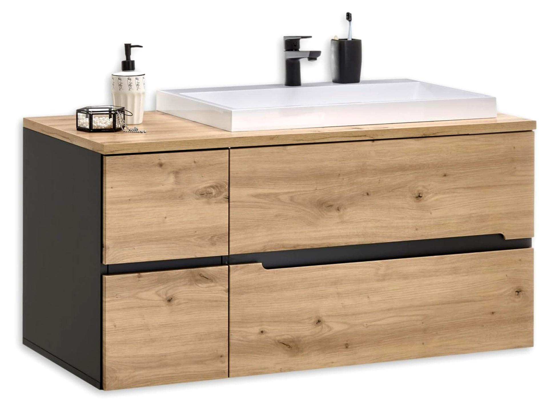 Markenlos Waschbeckenunterschrank mit Waschbecken in Artisan Eiche Optik, Grau - Schwebender Badunterschrank mit viel Stauraum - 110 x 54 x 53 cm (B/H/T)