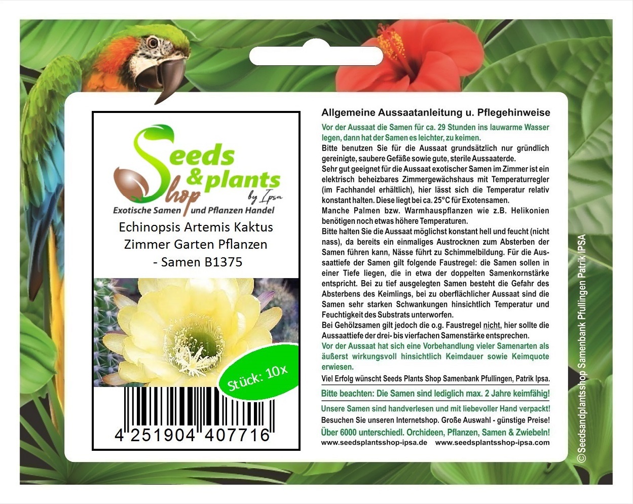 Seeds & Plants Shop by Ipsa 10x Echinopsis Artemis Kaktus Zimmer Garten Pflanzen - Samen B1375