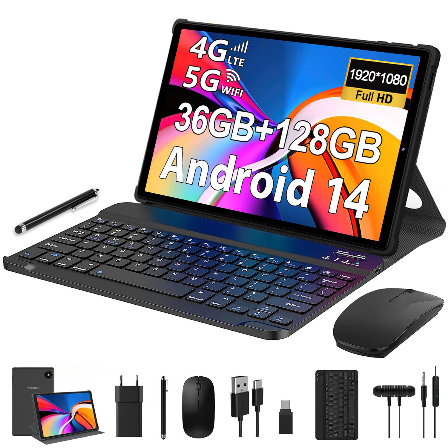 Tablet 10 Zoll mit Tastatur und Maus MAGCH, 36GB+128GB(1TB TF), Octa-Core, Android 14.0, 1920*1200 FHD, 4G LTE/SIM/5G WIFI, 8000mAh, 13MP+8MP, Schwarz L60