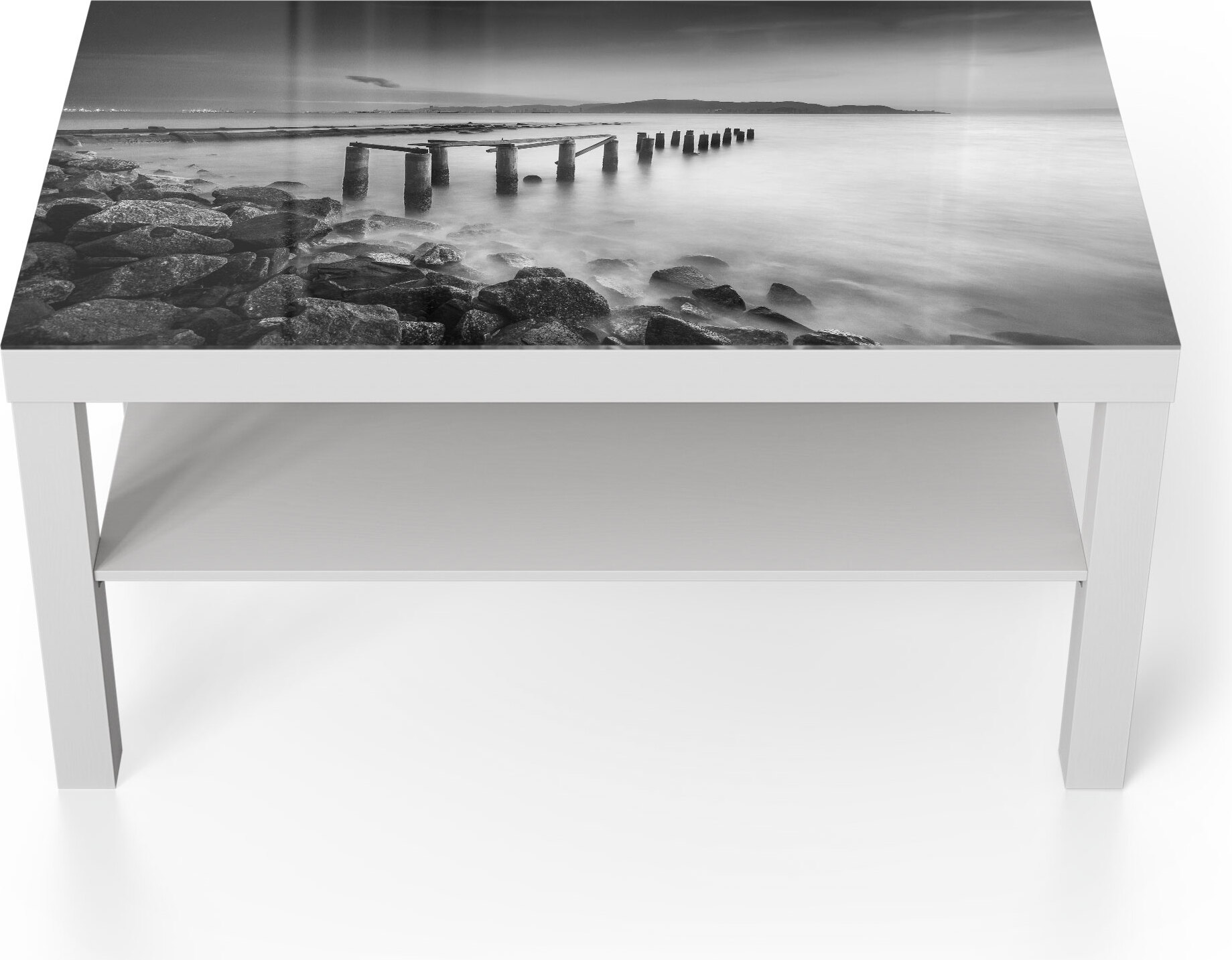 DEQORI Couchtisch 90x55 cm Weiß 'Alte Anlegestelle am Meer' Glas Beistelltisch TL-90-55-W-1653
