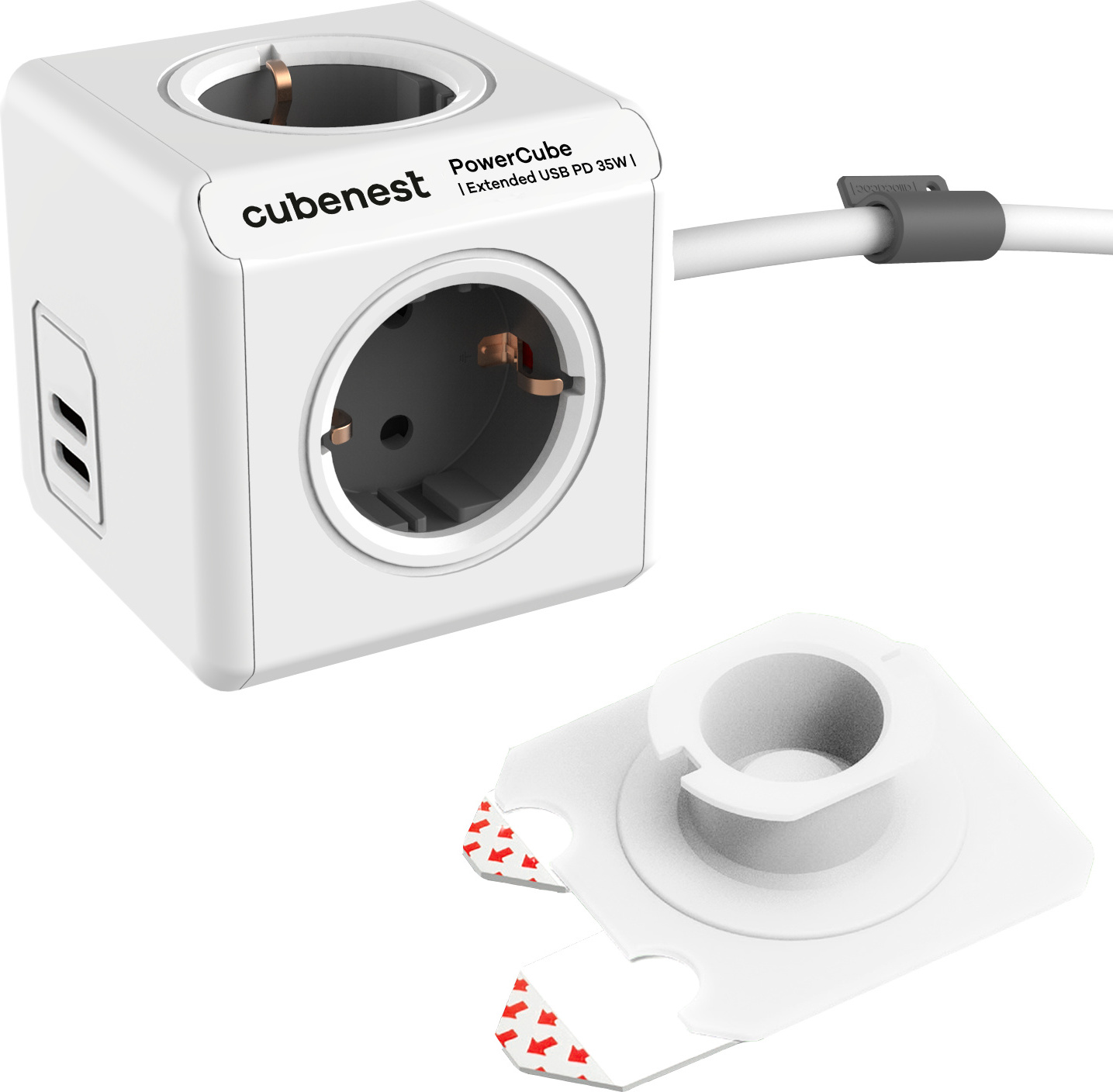 Cubenest Powercube Extended USB PD 35W, 2× UBS-C, 4× zásuvka, 1,5 m, biela/sivá 6974699971481