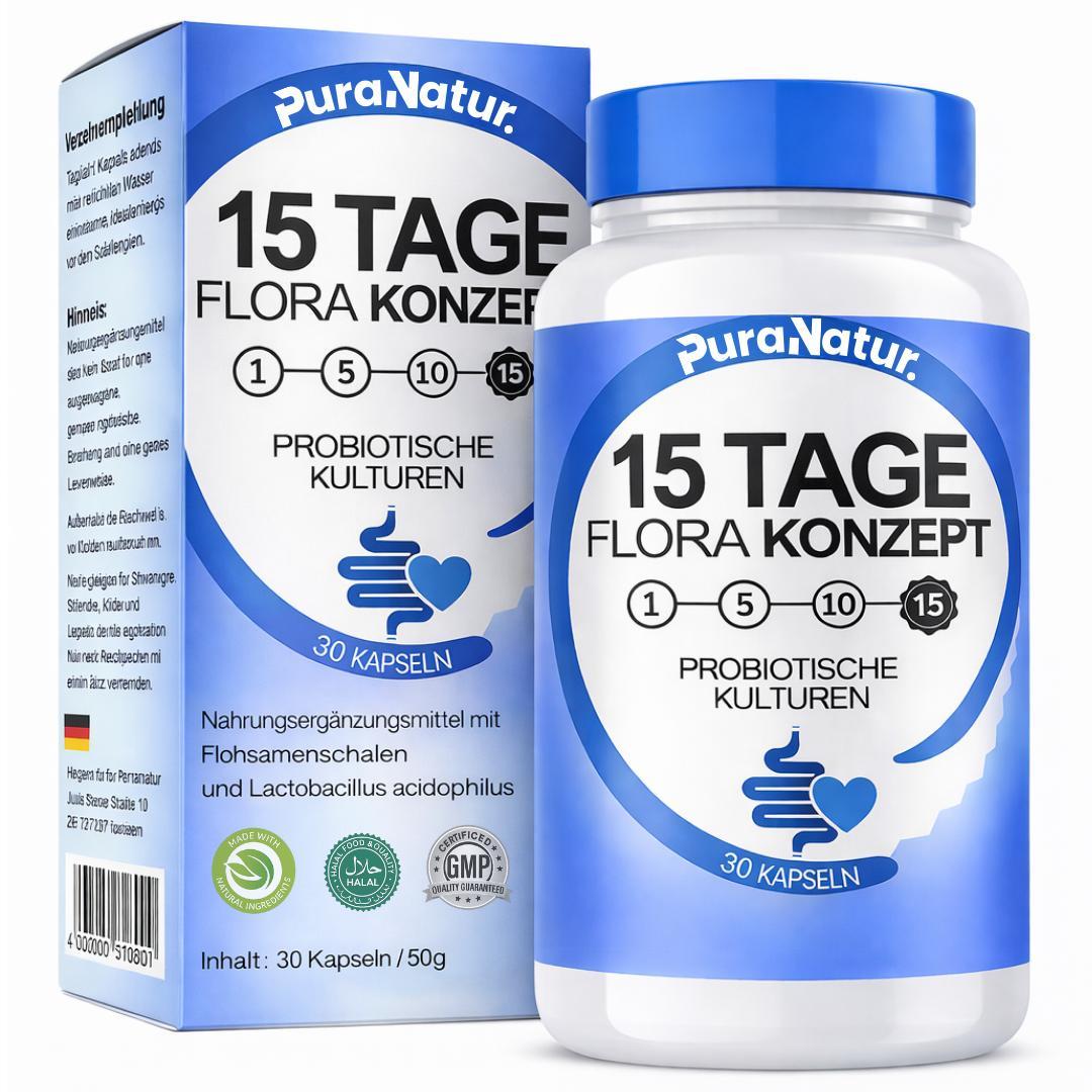 15 Tage Flora Konzept – ausgewählte Pflanzenextrakte – 30 Kapseln – Premium Rohstoffe & Qualitätskontrolle - PuraNatur