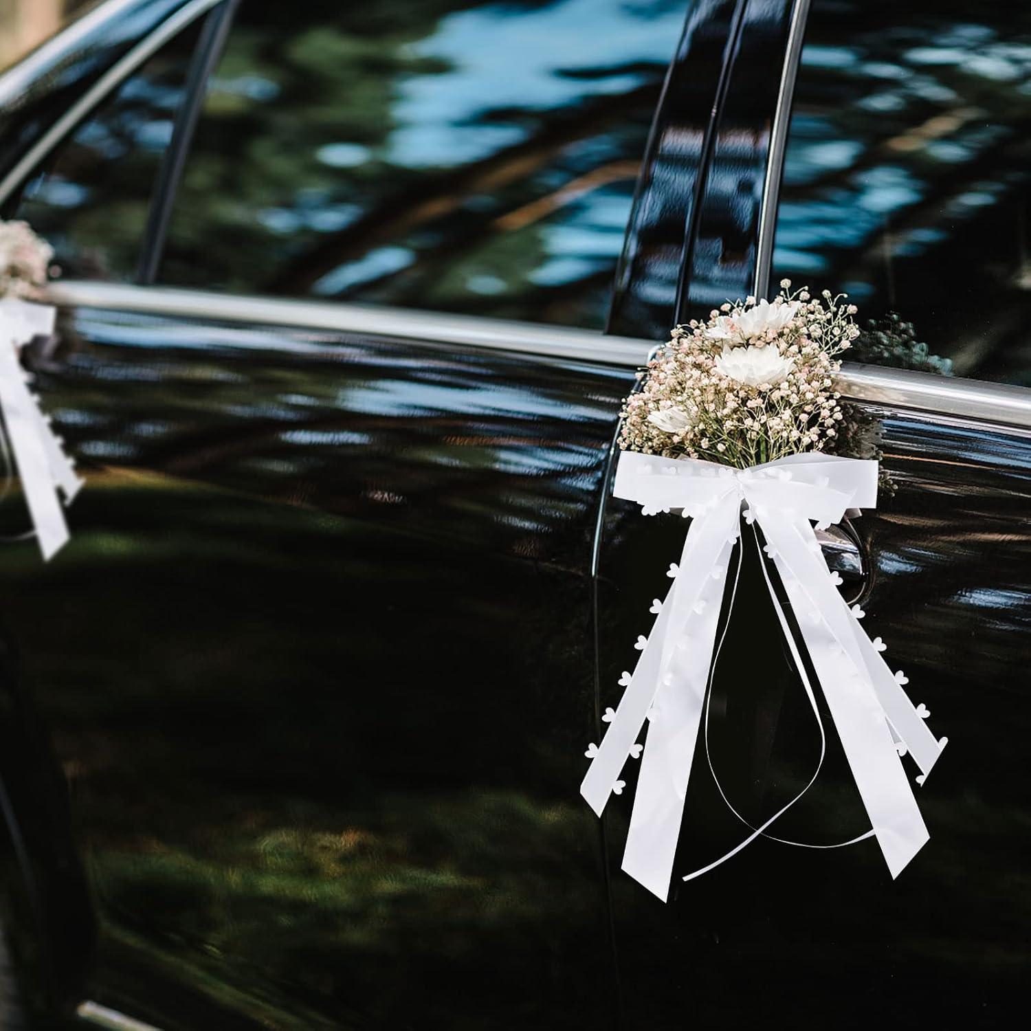 Markenlos MplehDa 50 Stück Auto Schleifen Hochzeitsauto Schleifen Antennen Schleifen Weiß mit Herzen Schleifen Hochzeitsauto Dekoration Vintage Auto Schleifen Handgemachte Satinband für Hochzeitsfeier