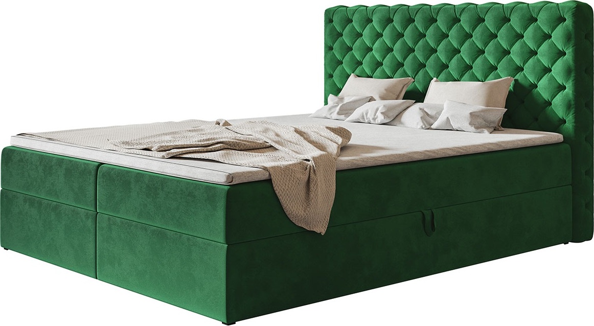 Skriňová posteľ MIAMI s 2 zásuvkami, čalúnená posteľ, rozmery: 140x200, farba: zelená, velúrová látka, manželská posteľ s matracom Bonell