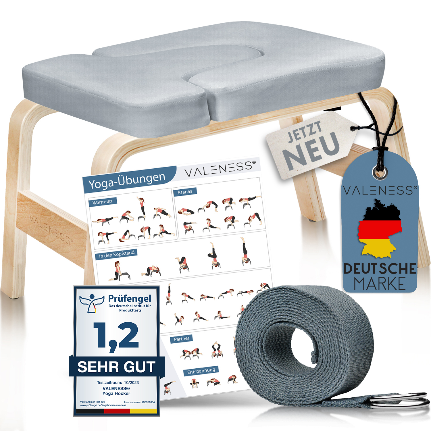 VALENESS® Yoga Kopfstandhocker - Hochwertiger Yoga Hocker inkl. Yogagurt, Yogablock & Übungsposter - Yoga Stuhl zur Handstand-Übung aus Naturholz YGH2206