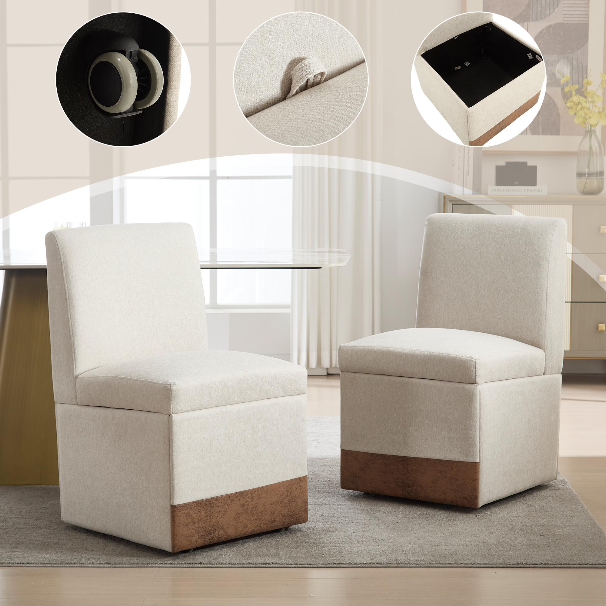 Sweiko Čalúnené jedálenské stoličky Sada 2 otočných jedálenských stoličiek Kuchynské stoličky Kolieska a úložný priestor Pohodlná moderná pojazdná stolička biela do obývačky Bezramenná textilná stolička (béžová bielizeň)