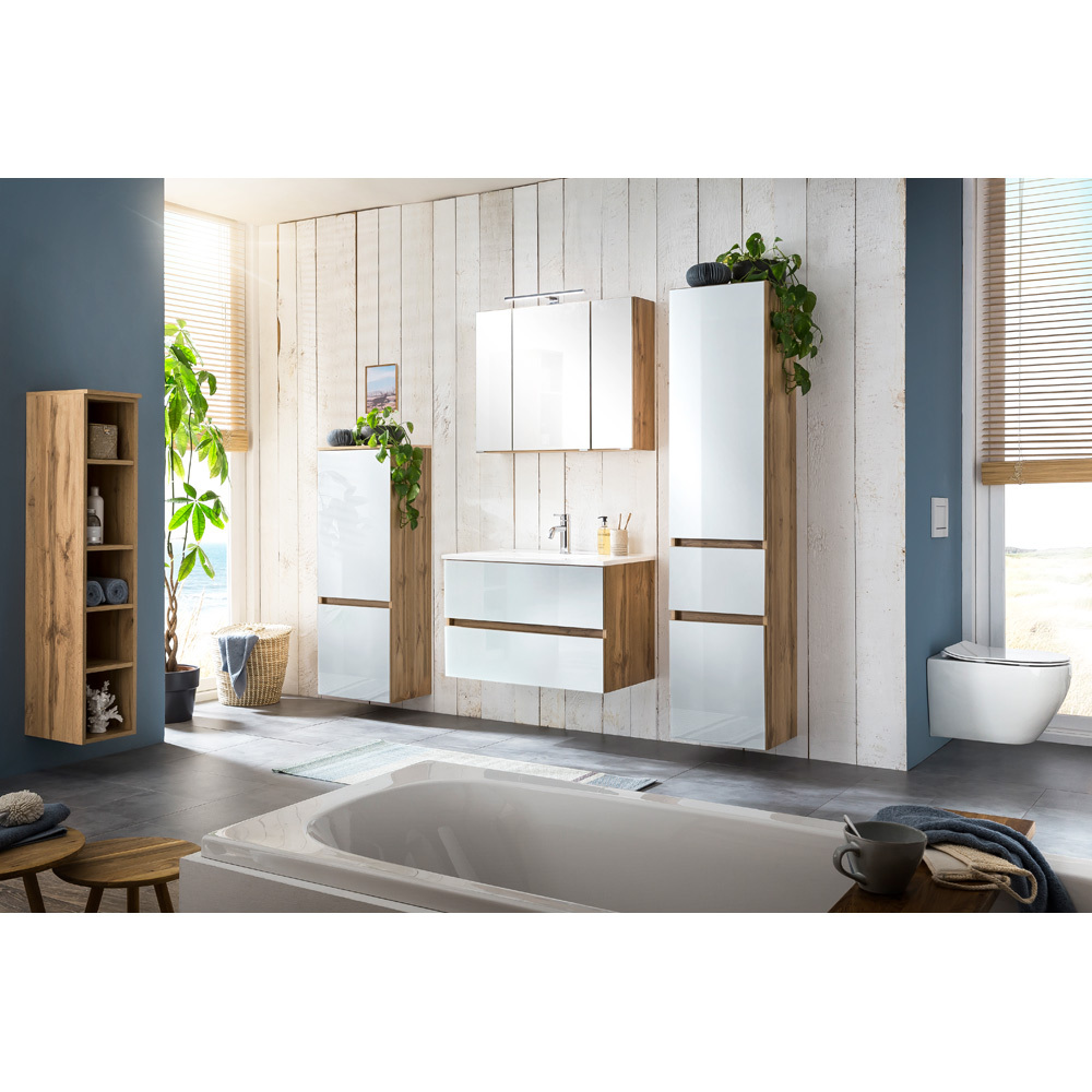 Lomadox Badezimmer Komplett HEERLEN-03 in Wotaneiche Nb. mit Glasfronten weiß inkl LED-Beleuchtung und Mineralgussbecken, B/H/T: ca. 200/200/47 cm LA03-HEERLEN-03-SET9