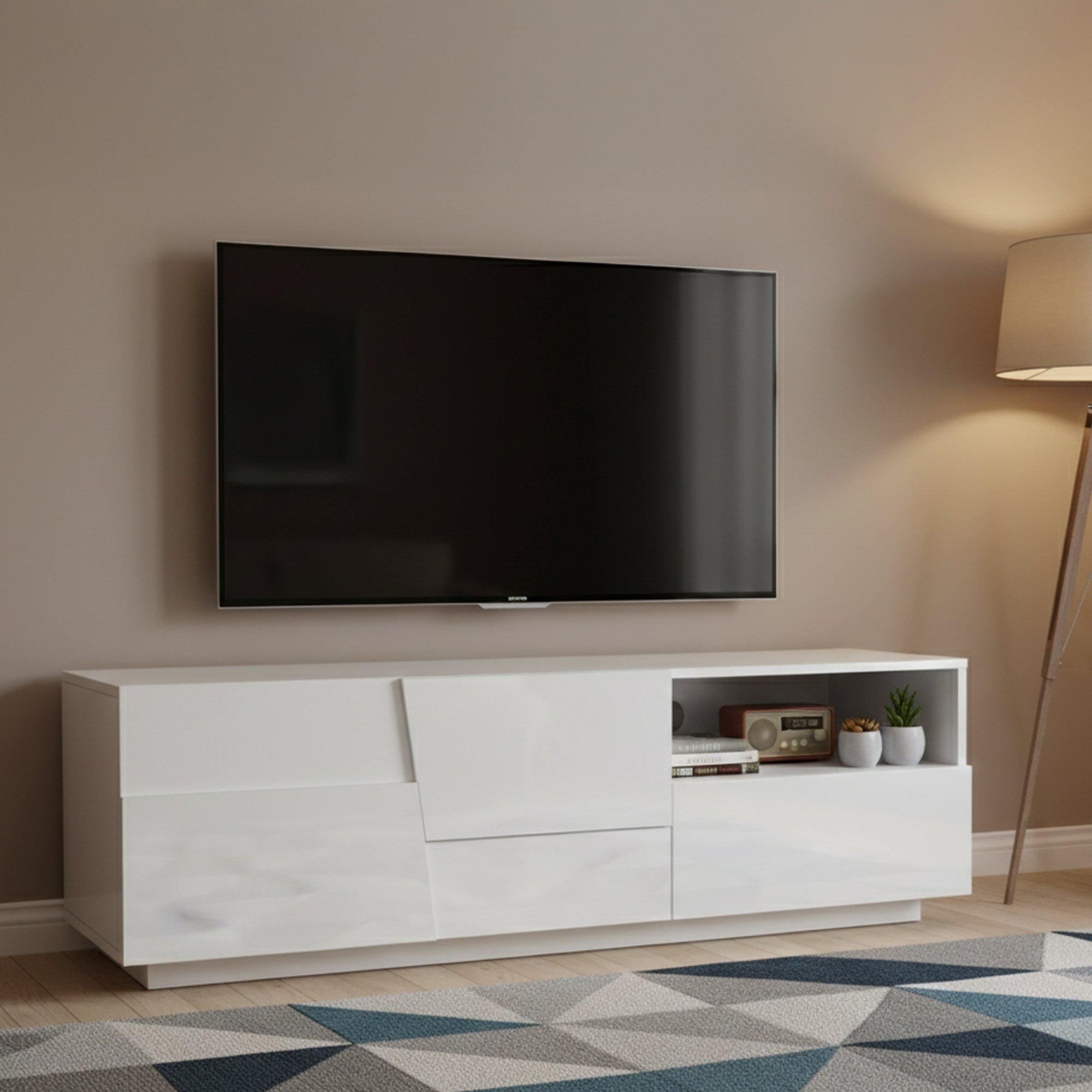 Dmora TV-Ständer Dcoulibal, niedriges Wohnzimmer-Kommode mit 2 Türen und 1 Schublade, TV-Ständer-Basis, 150x44x46 cm, glänzendes Weiß