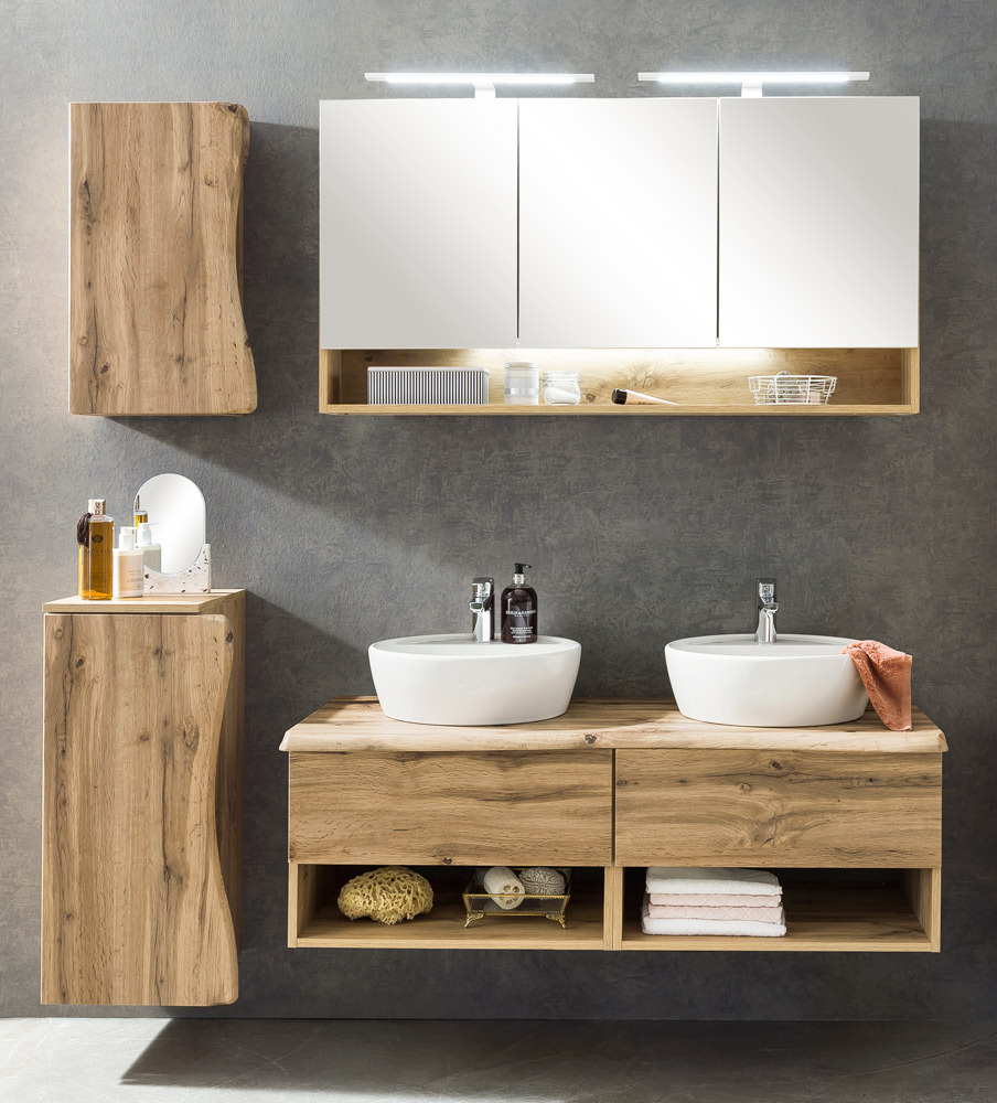 Lomadox Badmöbel Set inkl. LED Beleuchtung KAHLA-03 in Wotan Eiche Nb. mit Baumkantenoptik, B/H/T: ca. 178,5/200/52 cm KAHLA-03-SET33