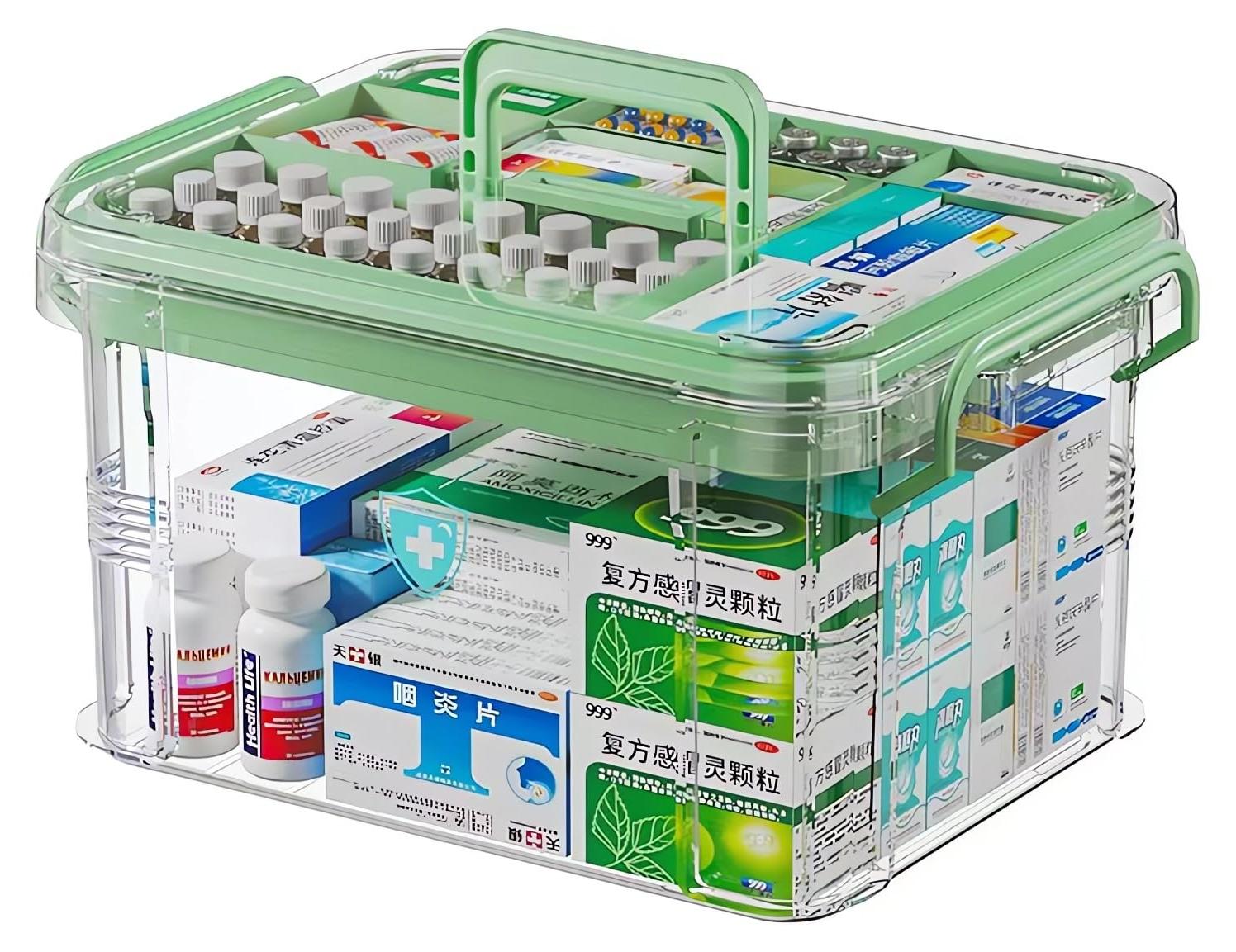 OEM Benutzerfreundliches Medikamentenverwaltungssystem, größerer Medikamentenorganizer mit Griff, Medikamentenbox aus Kunststoff in Lederoptik, multifunktionaler Medikamentenspender mit tragbarer Tablette