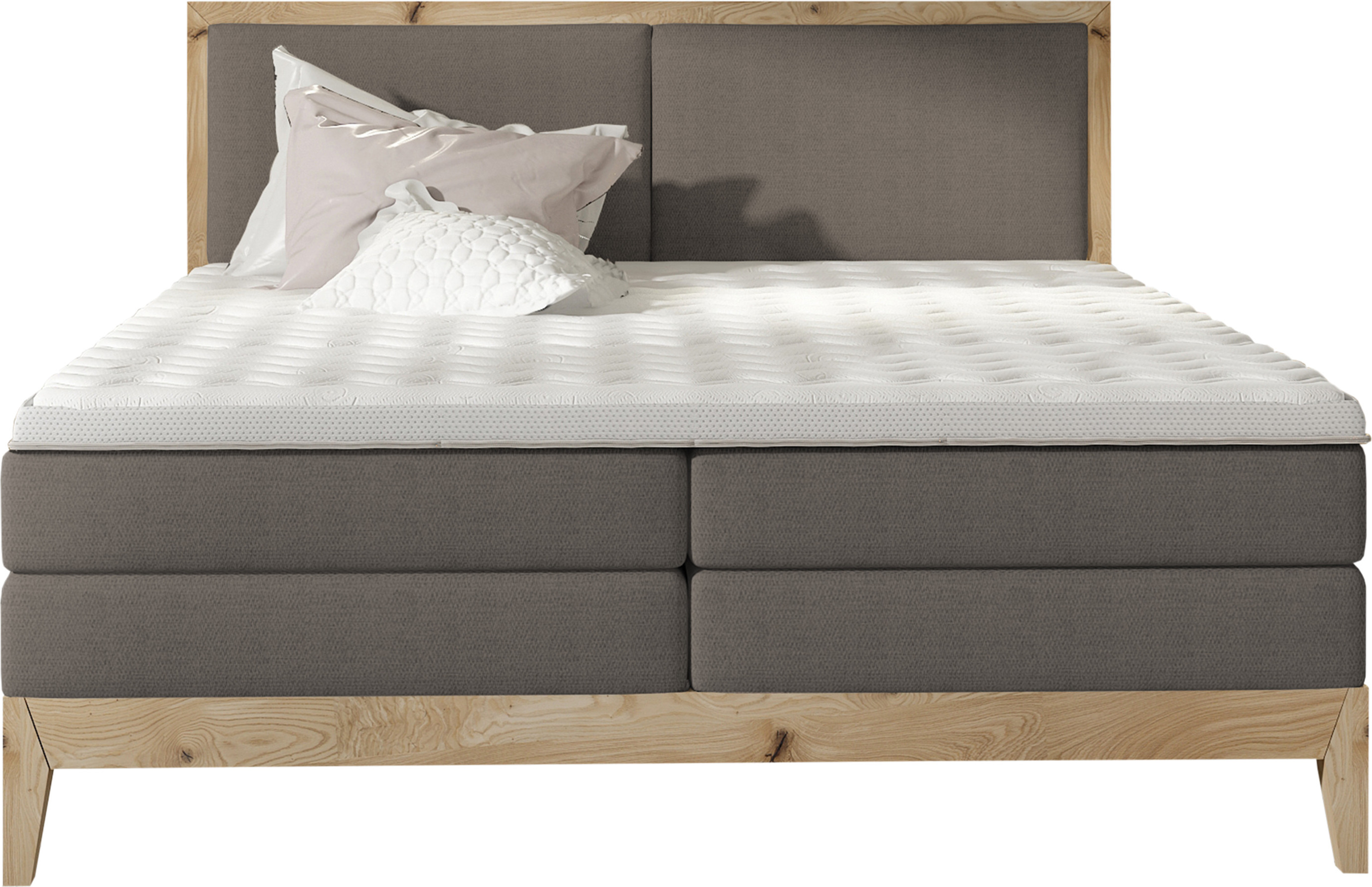 Schlafzimmer Bett Kontinentalbett IDA - Eiche Massivholz, 7-Zonen-Taschenfederkernmatratze, Premium Kaltschaum Topper - Boxspringbett Mit Beleuchtung | 140x200 cm | Dunkelgrau