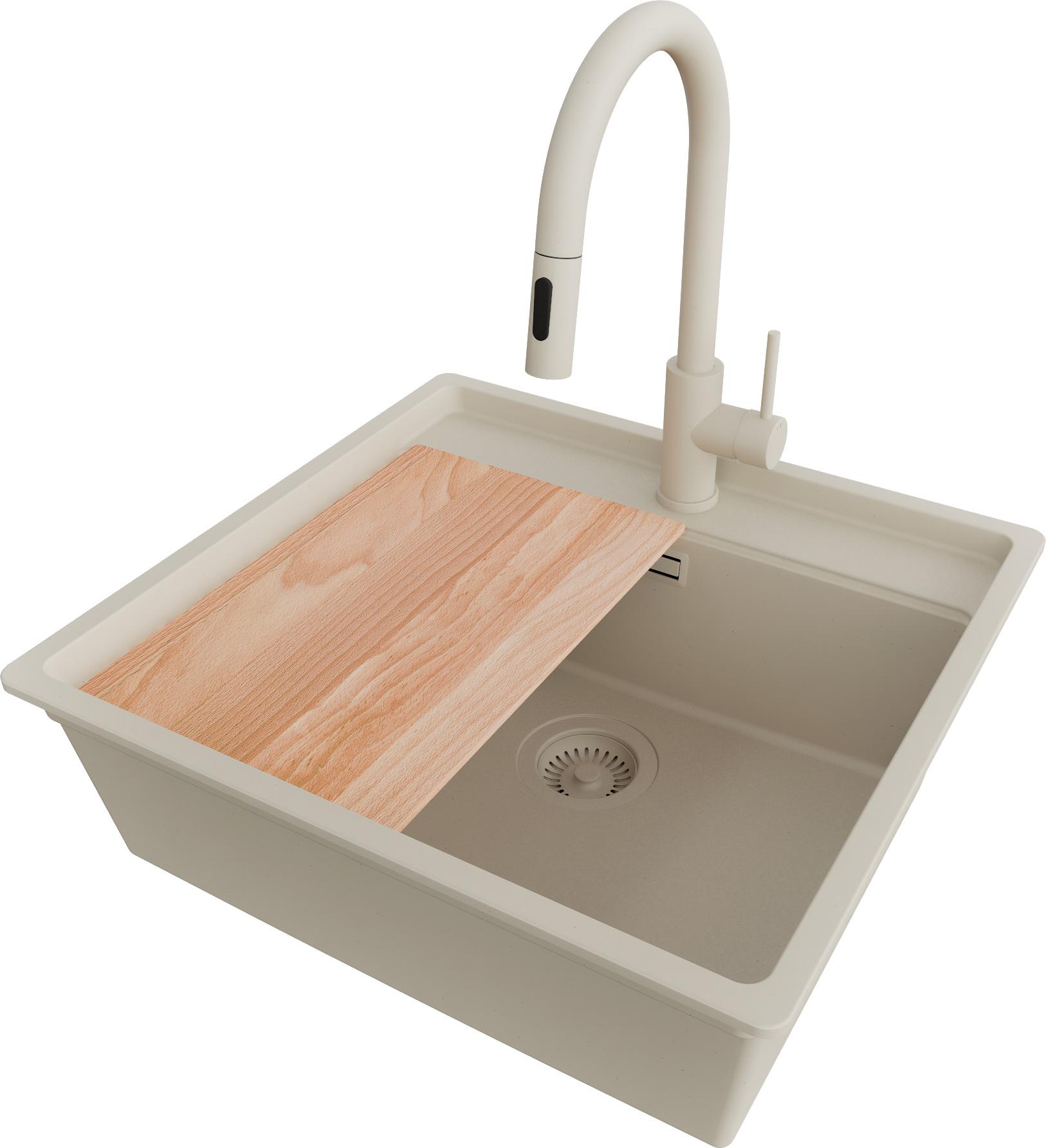 PRIMAGRAN Granitspüle Beige 56x53cm, Spülbecken 1 Becken + Küchenarmatur 40x20cm + Ablauf-Set + Schneidebrett, Küchenspüle ab 60er Unterschrank - Bergen