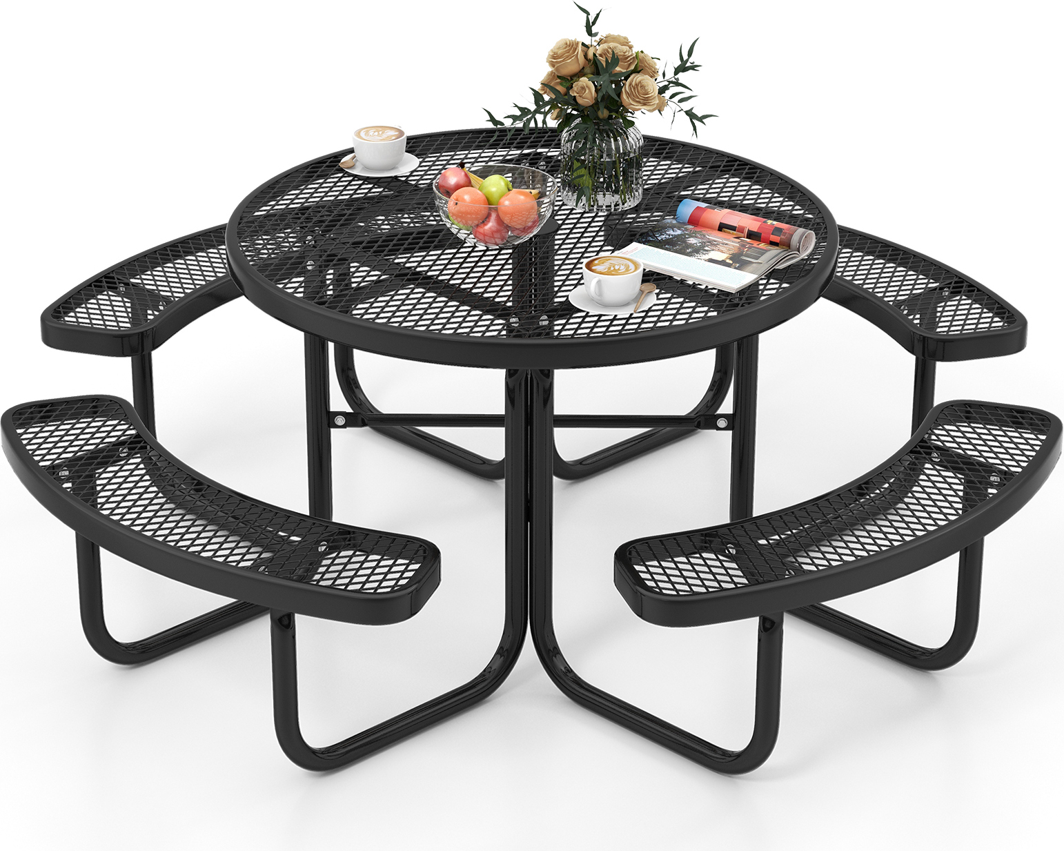 Sedacia súprava COSTWAY pre 8 osôb, piknikový stôl s otvorom na slnečník a 4 lavice, okrúhly záhradný stôl kovový, záhradný nábytok, sedacia súprava, čierna