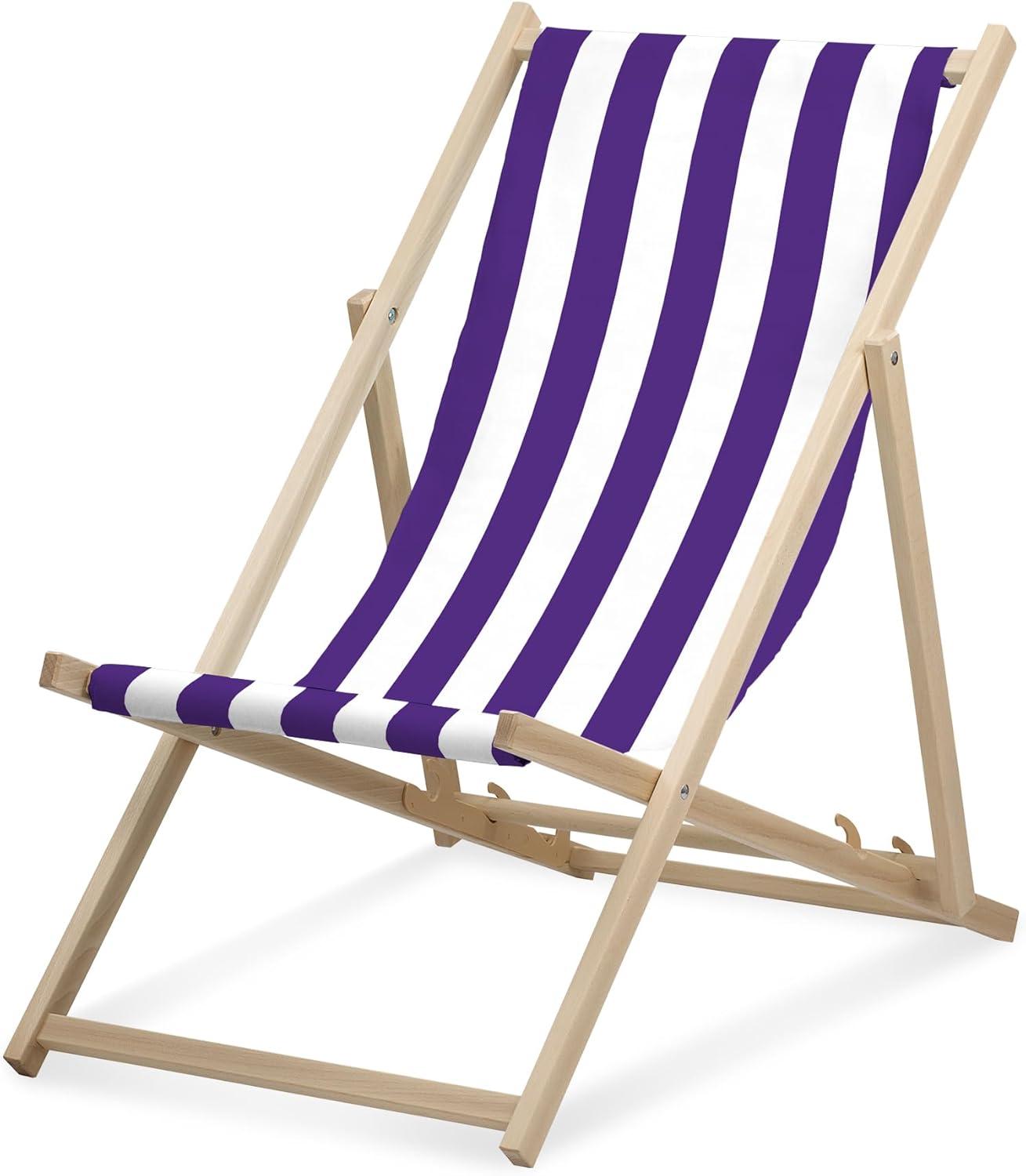 Lehátko - široké pruhované - fialové - skladacie - z bukového dreva - nosnosť do 95 kg - 3-smerovo nastaviteľné operadlo - plážové lehátko