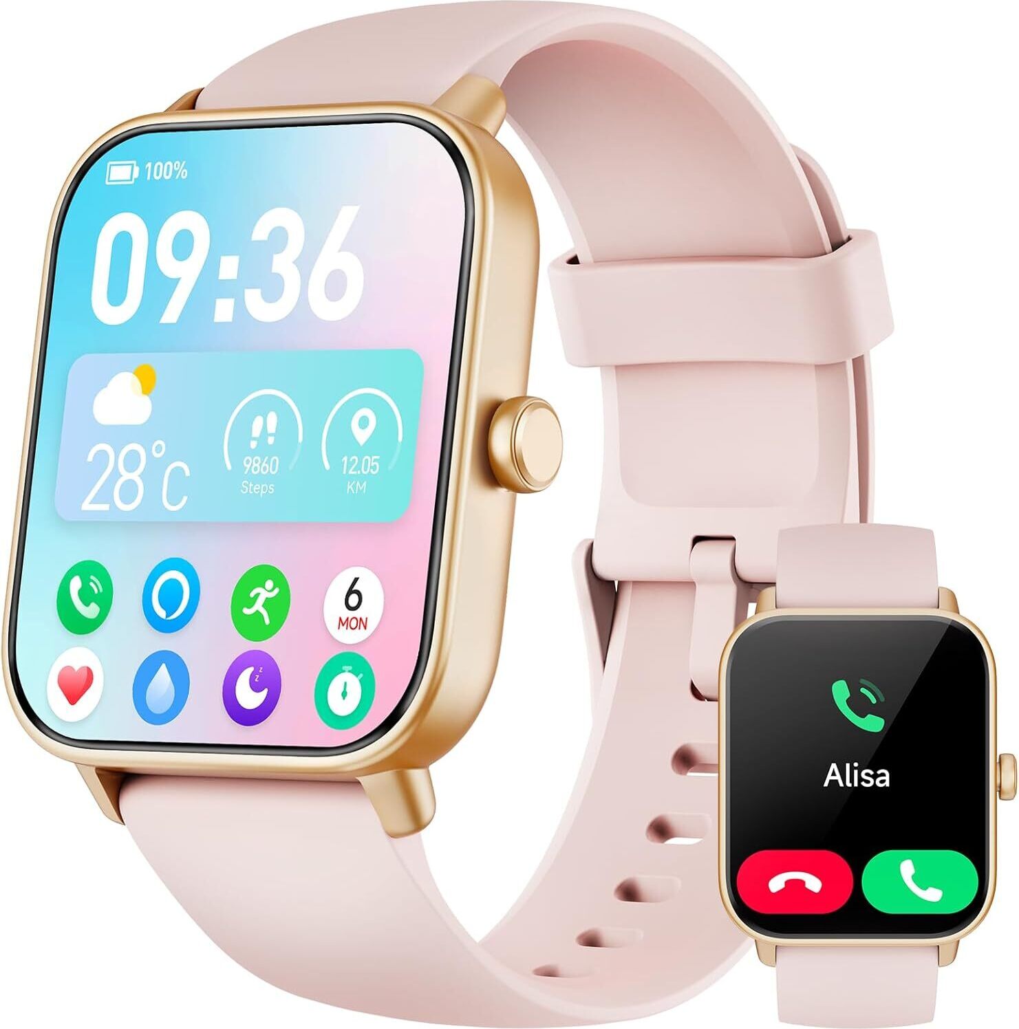 Woneligo Smartwatch Damen mit Telefonfunktion, Alexa eingebaute, 1.8'' Fitnessuhr mit Herzfrequenz, SpO2, Schlaf, Stress Monitor, 100+ Sportmod Android IOS