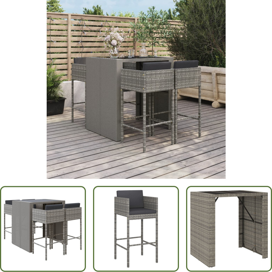 The Living Store 5-dielny záhradný barový set s vankúšmi sivý polyratan
