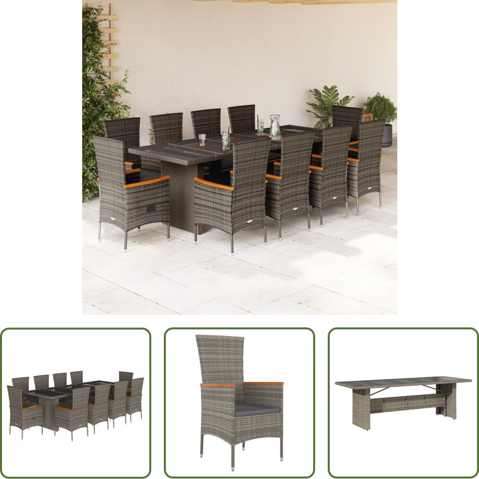 The Living Store 11-dielny záhradný jedálenský set s vankúšmi sivý polyratan