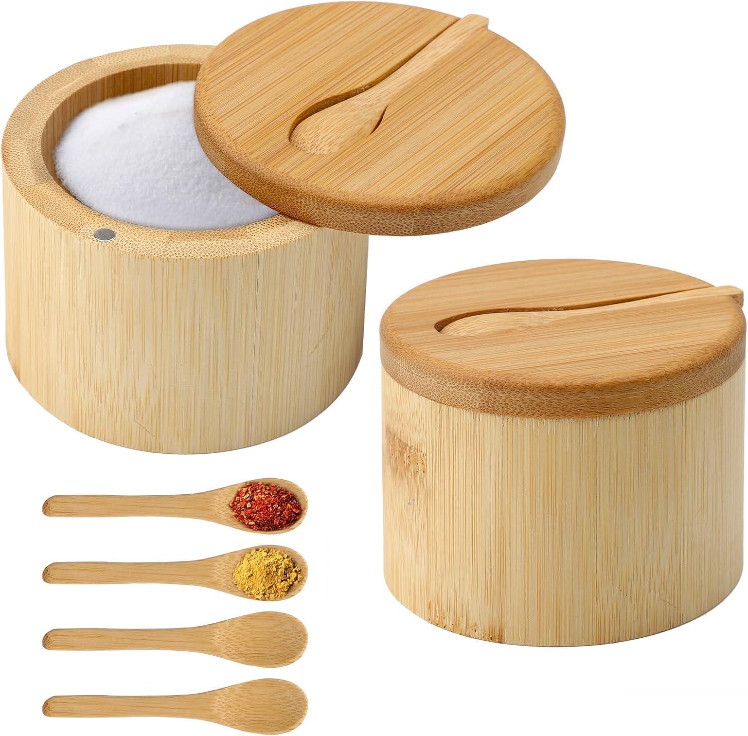 OEM Salzdose aus Bambus - 2er Set mit magnetischem Schwenkdeckel und 6 Löffeln - Gewürzaufbewahrung - 177 ml (6oz)