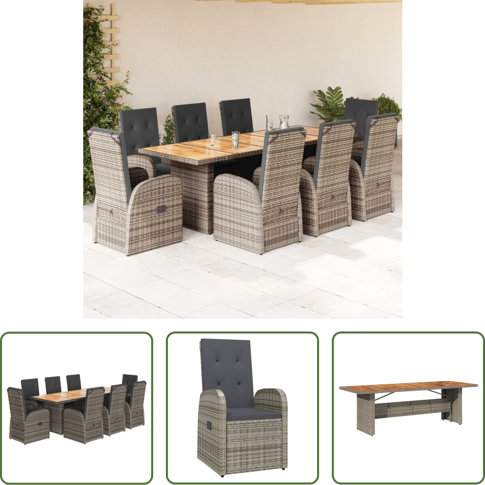 The Living Store 9-dielny záhradný jedálenský set s vankúšmi sivý polyratan