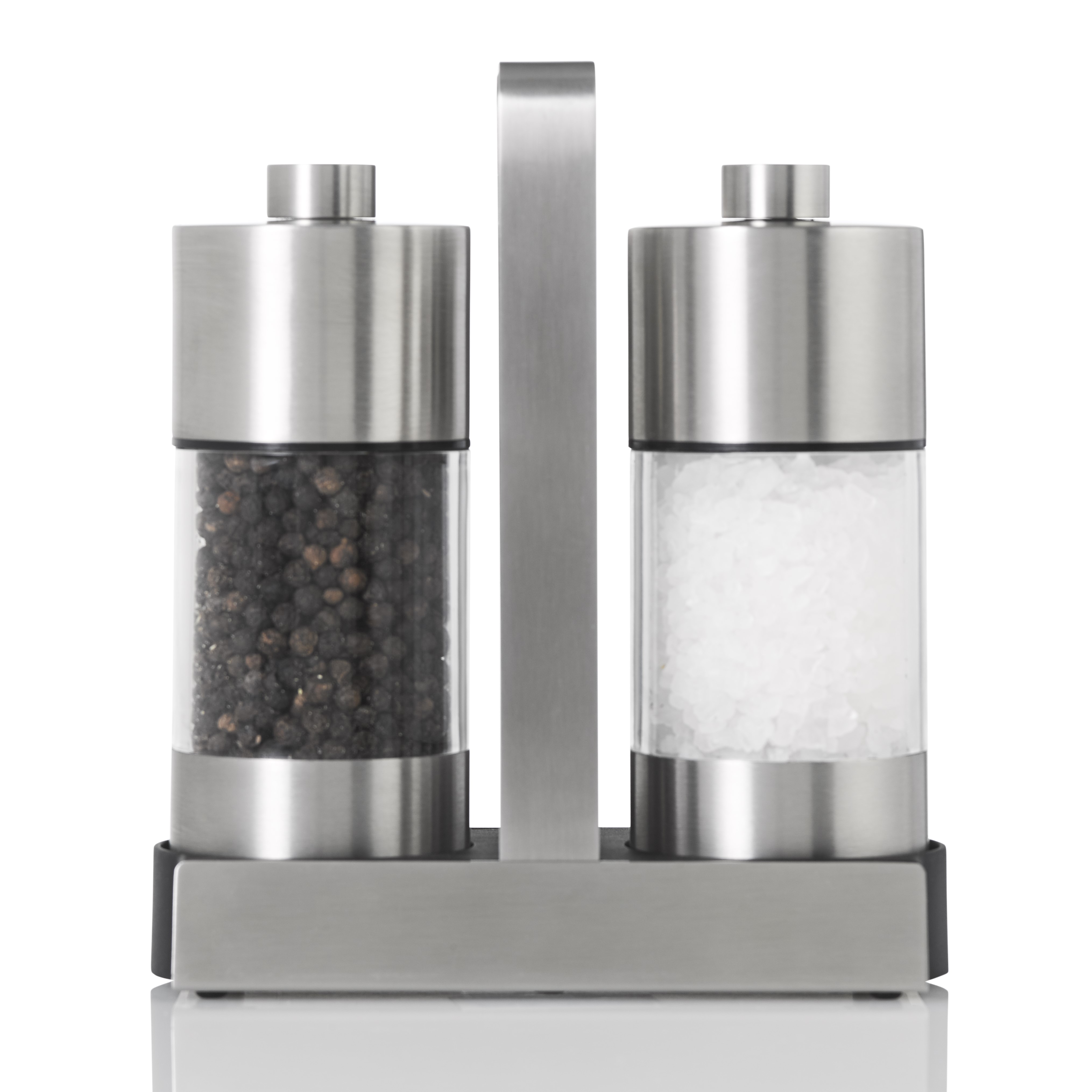 AdHoc Set Salzmühle und Pfeffermühle Menage Servir für Privathaushalte oder Gastronomie | Ständer inklusive, Edelstahl | Acryl