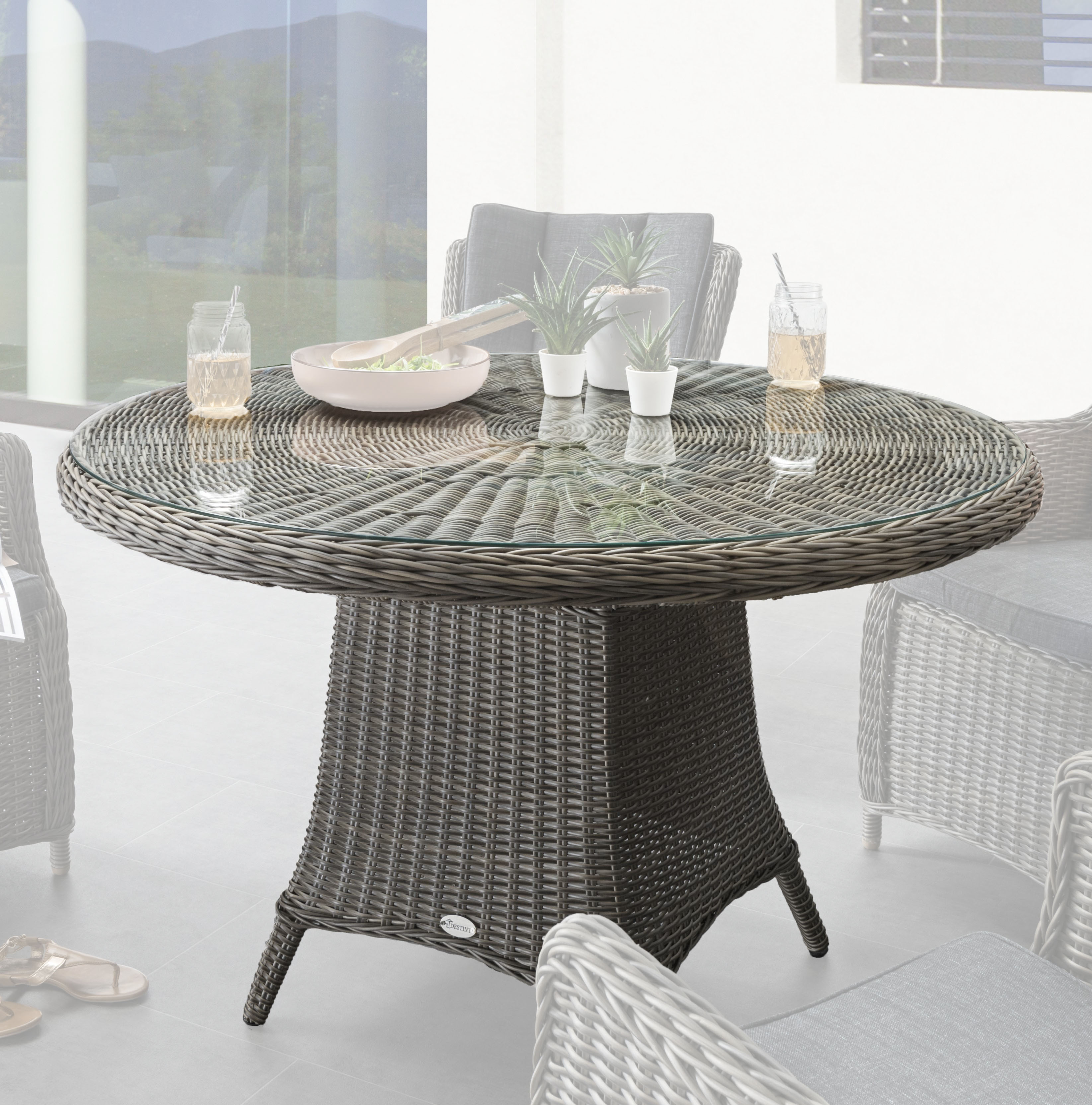 Destiny Gartentisch LUNA Ø120x75cm, mit aufgelegter Glasplatte, vintage grau 86037