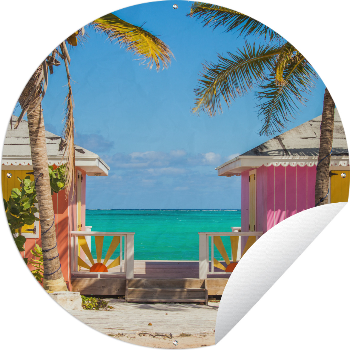 MuchoWow® Gartenposter Outdoor-Poster Rund Bunte Strandhütten Karibik Ø 90 cm Gartendeko Rundes Poster draußen 144|313184044