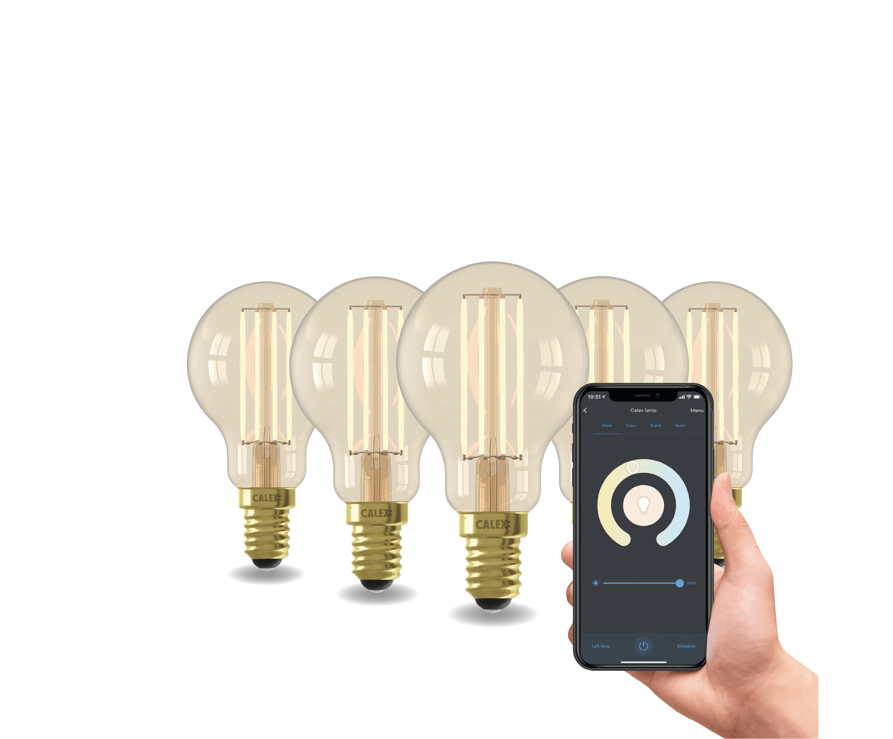 Calex Smart LED Lampe, E14, P45, Gold Filament, warmweißes Licht, dimmbar, WLAN App- & Sprachsteuerung, 5er Pack 5101003200-5