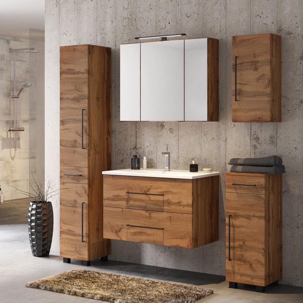 Lomadox Komplett Badmöbel Set MANLY-03, Wotaneiche Nb. 5-teilig 80 cm Waschtisch LA03-MANLY-03-SET8
