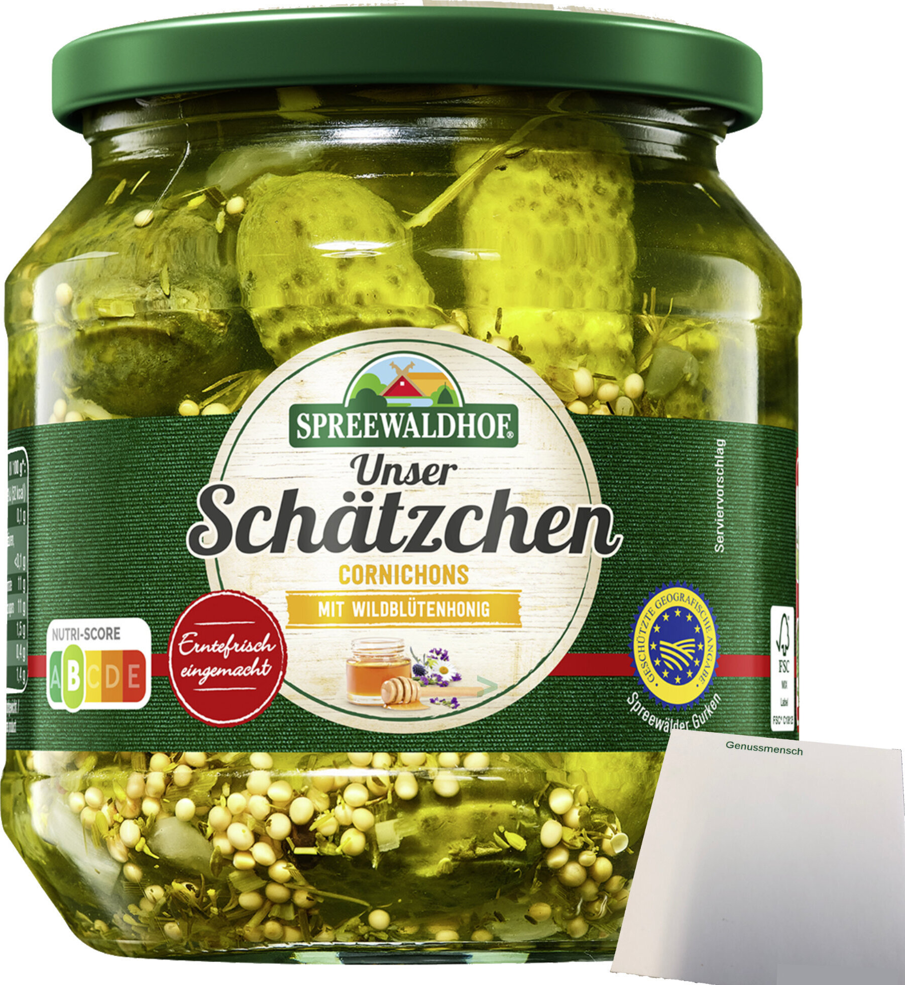 Spreewaldhof Unser Schätzchen Cornichons mit Wildblütenhonig (530g Glas) + usy Block