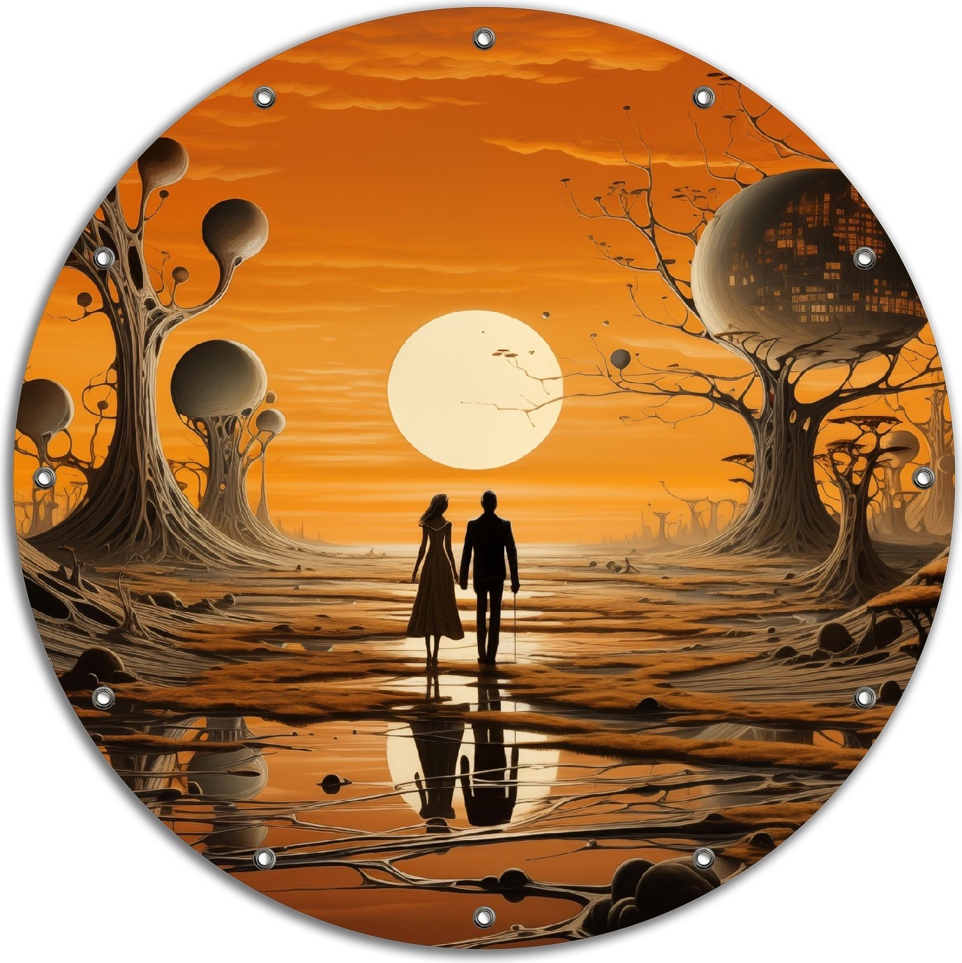 Wallario rundes Outdoor-Poster für Garten oder Balkon, Motiv Sonnenuntergang in einer fremden Welt, 90 cm Durchmesser ruban1068-9090