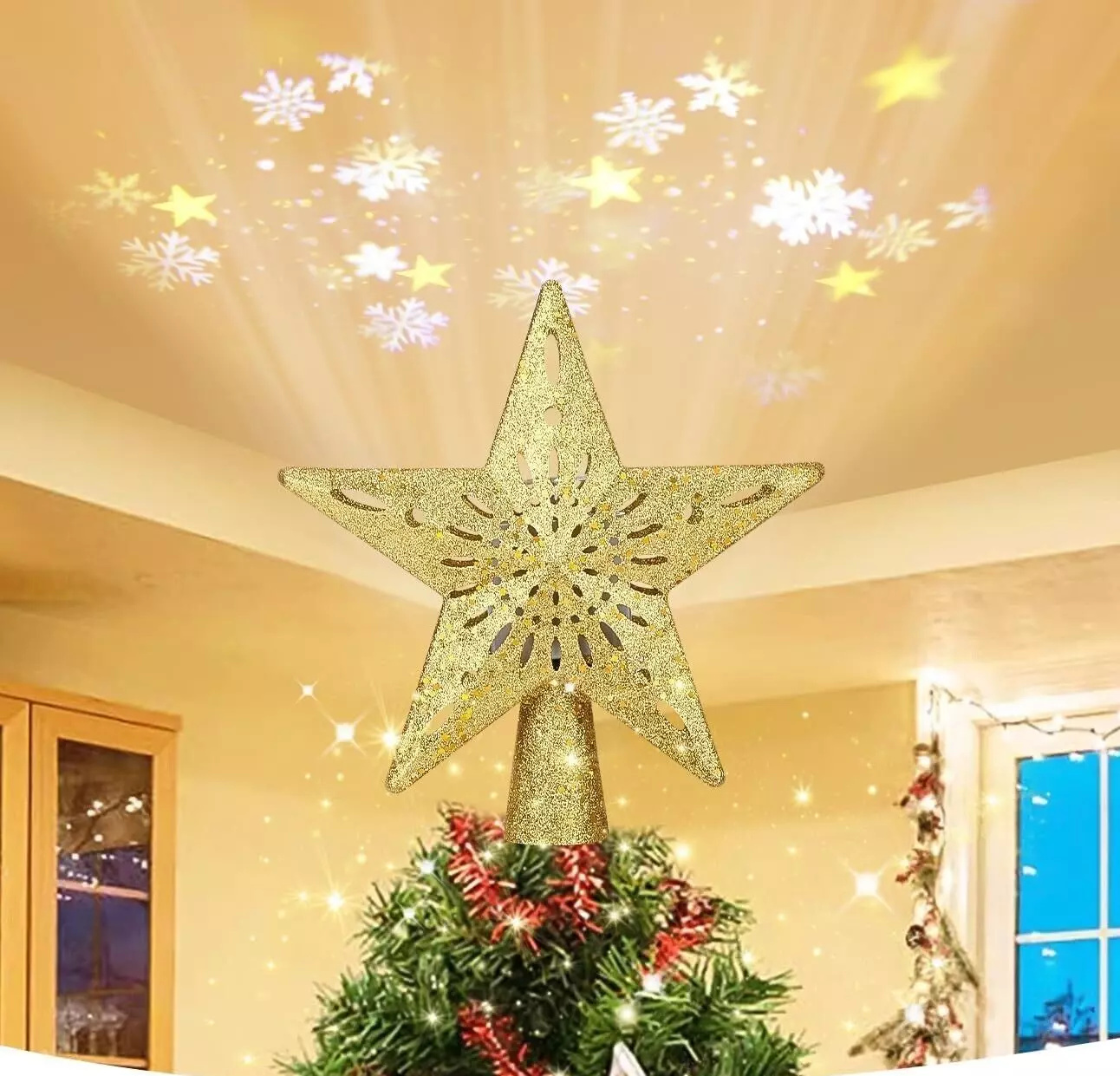 Markenlose LED Weihnachtsbaumspitze Stern Christbaumspitze Baumspitze mit Projektor Licht