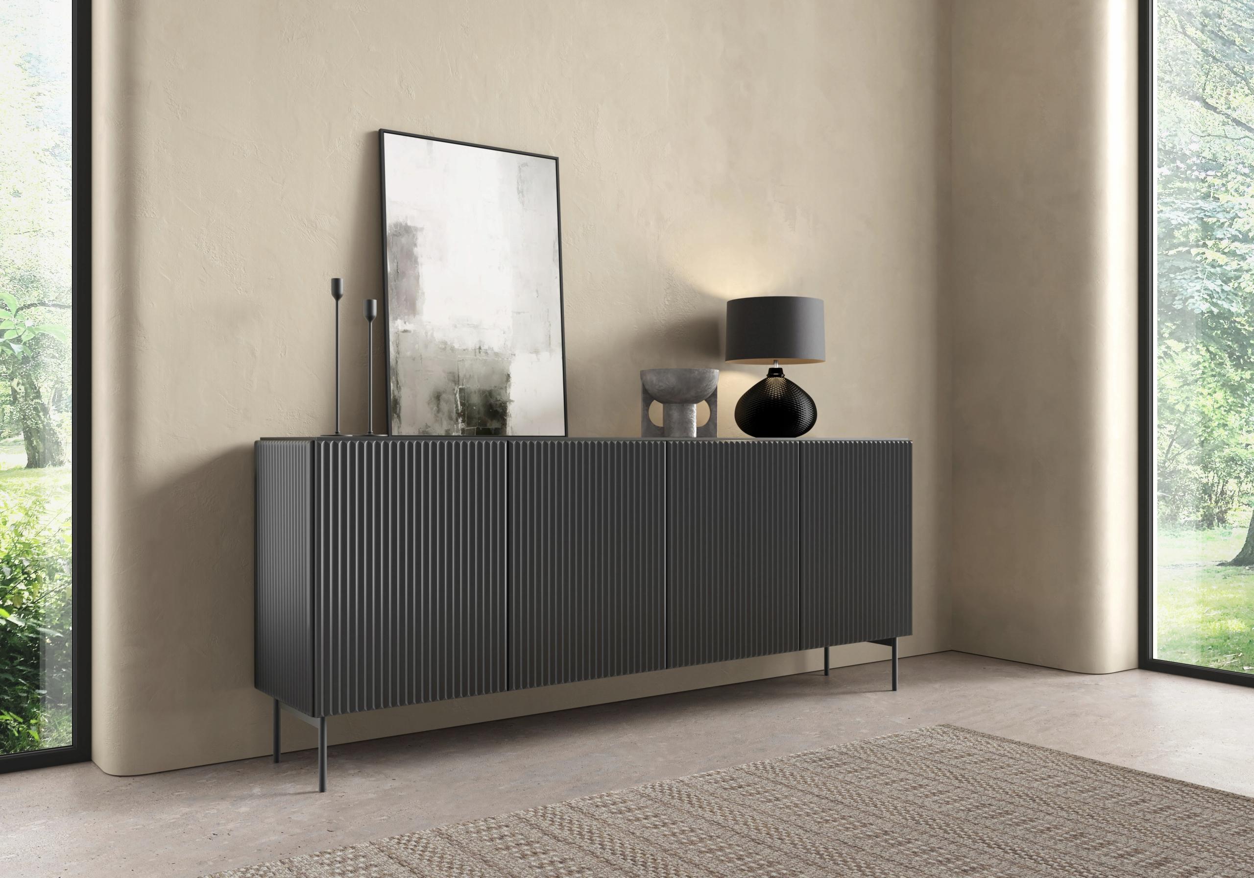 Meble Laski Großes Sideboard Muti in Schwarz Matt | 195 cm breite Kommode mit 4 Türen und Riffeldesign